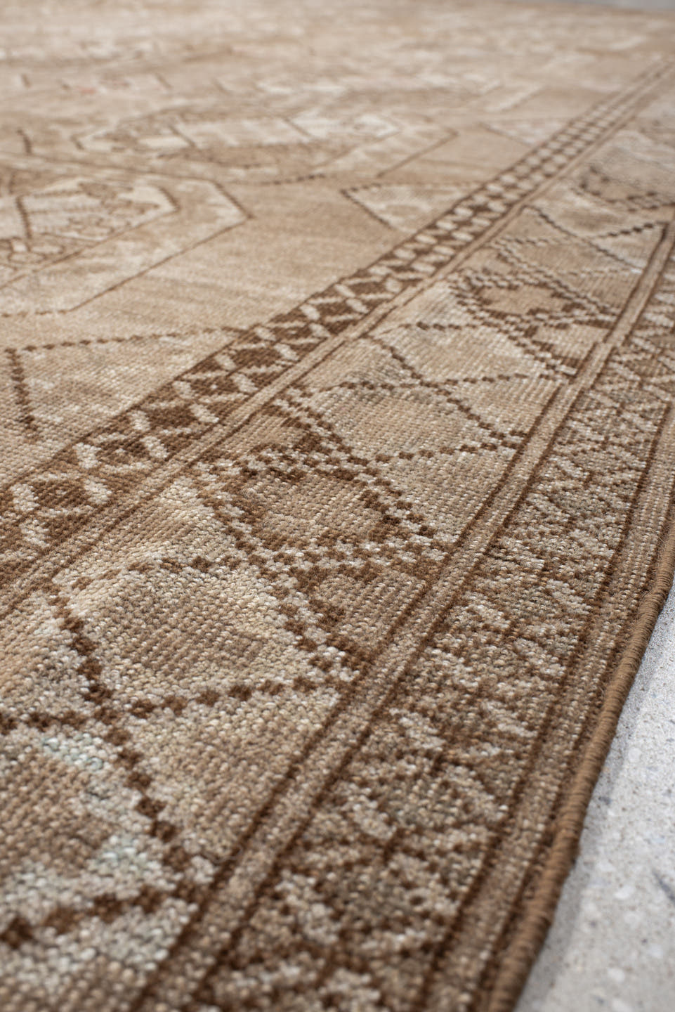 7' x 10' one-of-a-kind handmade antique Afghan large size rug. Color palette: camel, taupe, ivory, beige, blush, brown, gray