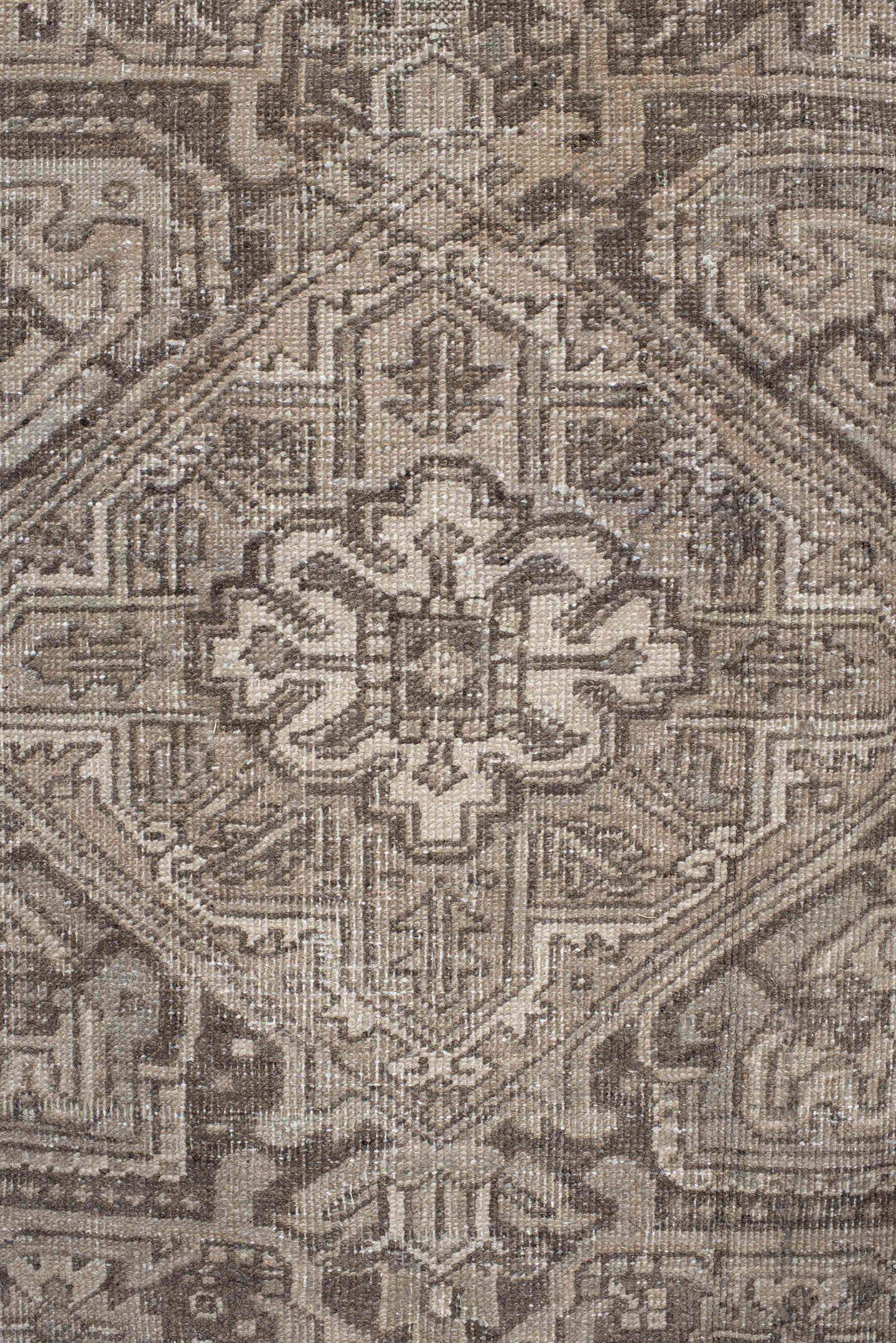 7' x 10' one-of-a-kind handmade antique Heriz large size rug. Color palette: taupe, brown, ivory, charcoal, beige, gray