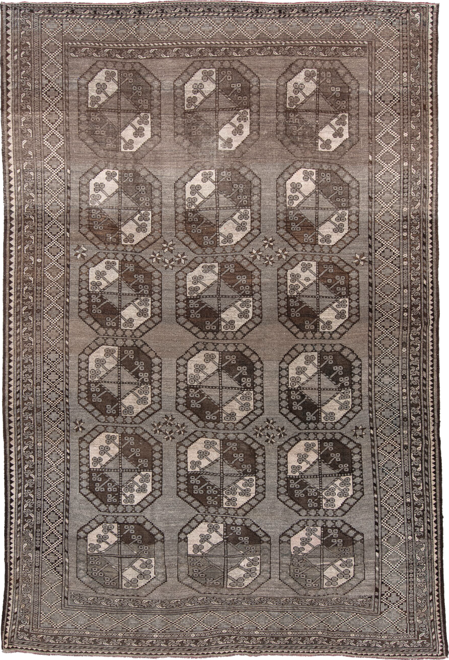 7' x 10' one-of-a-kind handmade vintage Afghan large size rug. Color palette: black, brown, gray, light gray, off-white
