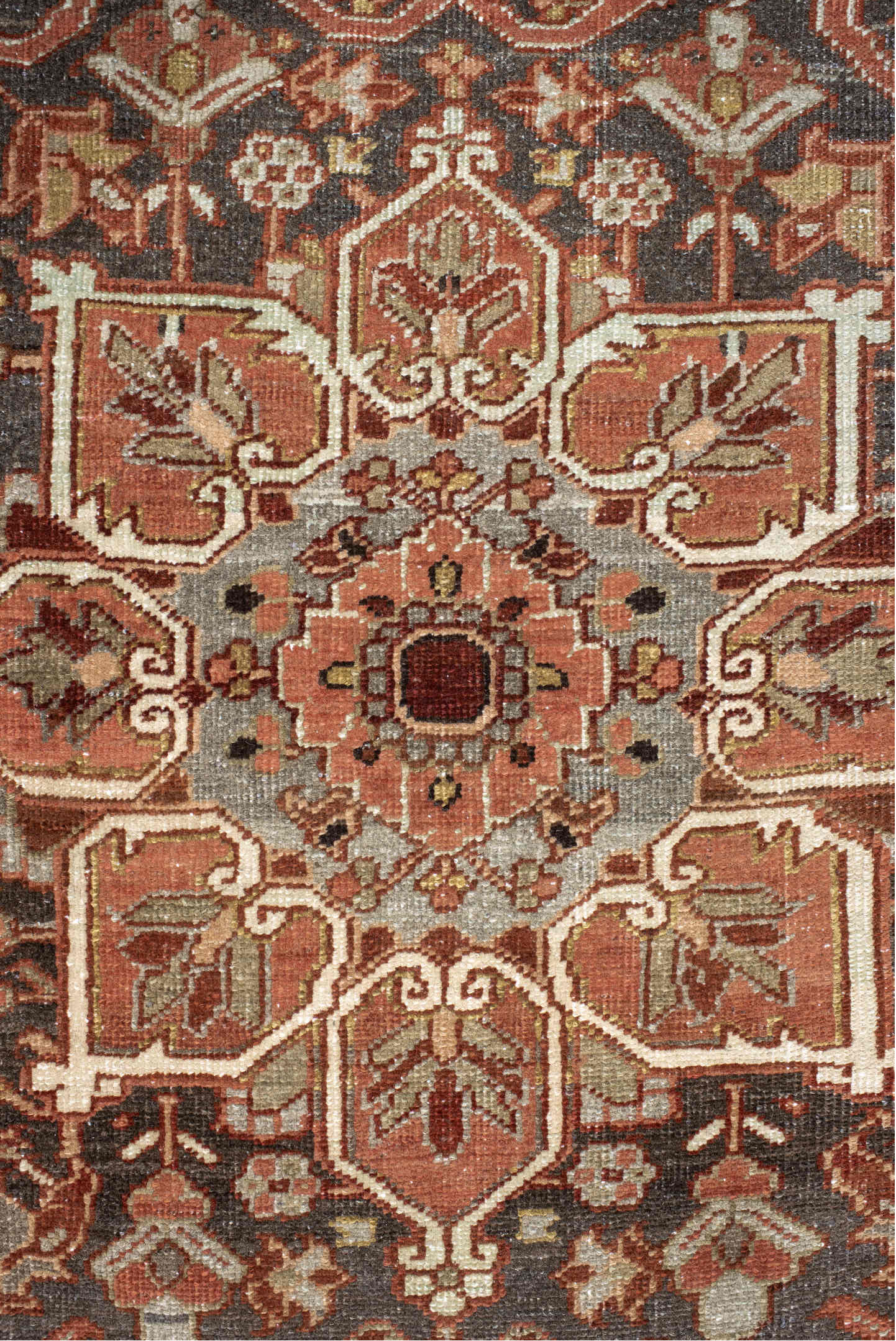 7' x 11' one-of-a-kind handmade vintage Heriz large size rug. Color palette: antiquewhite, blanched almond, brown, gray