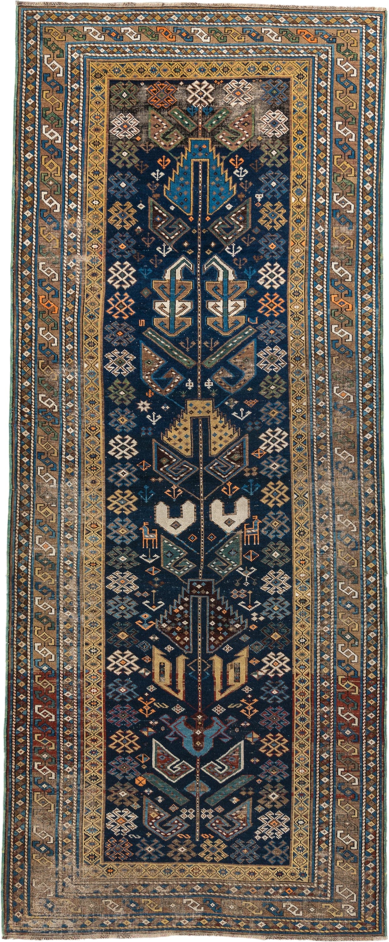3' x 9' one-of-a-kind handmade vintage Shirvan runner rug. Color palette: navy, camel, ivory, sky blue, taupe, rust, sage