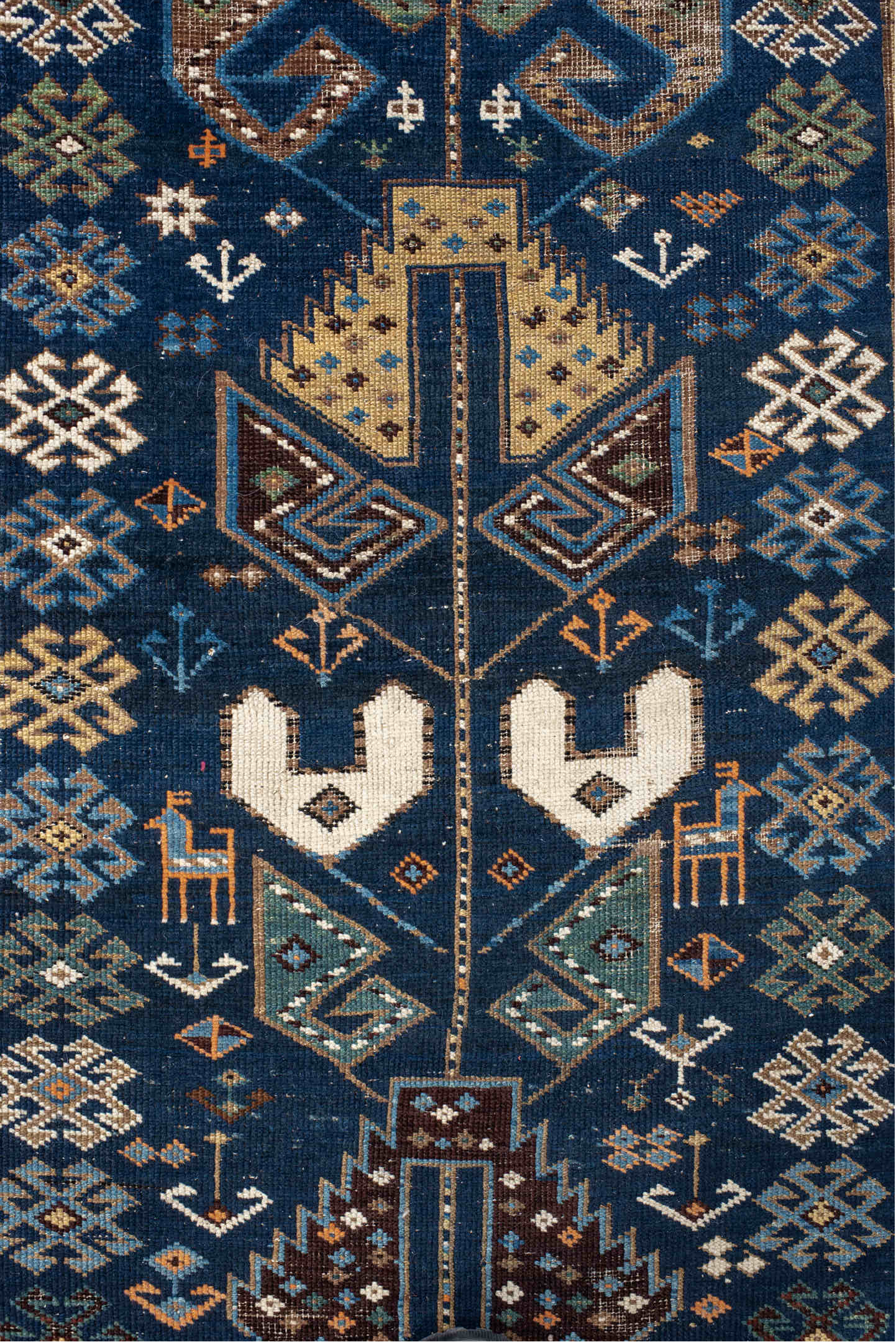 3' x 9' one-of-a-kind handmade vintage Shirvan runner rug. Color palette: arapawa, black, blue, brown, charcoal, dim gray