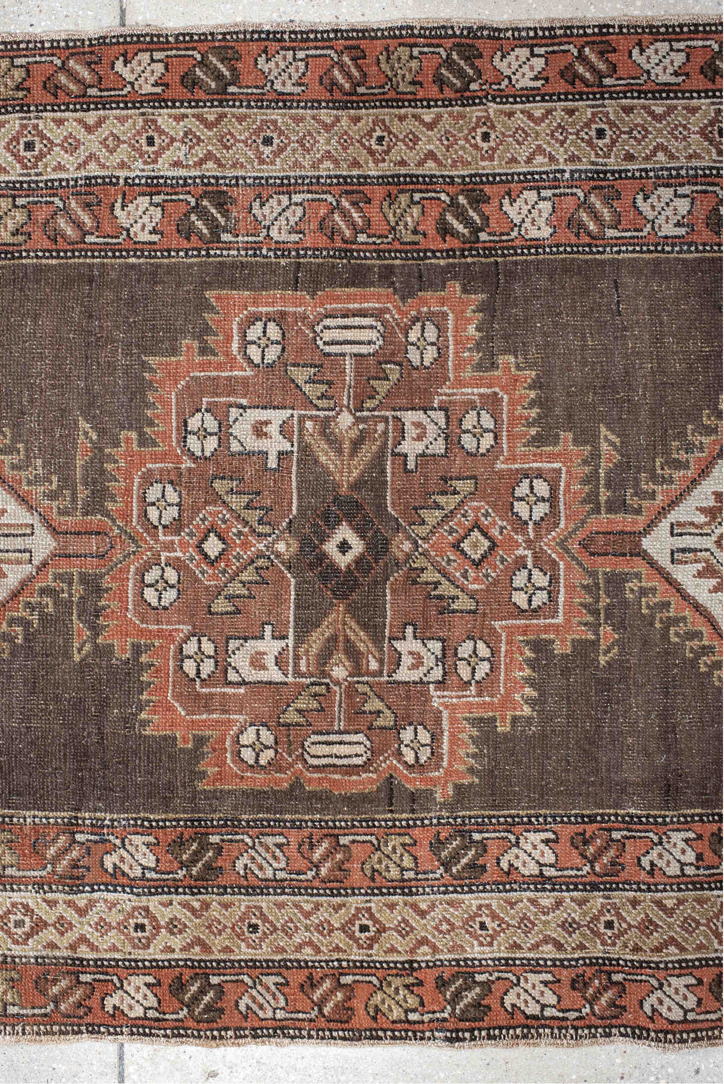3' x 14' one-of-a-kind handmade vintage Sarab runner rug. Color palette: taupe, brown, rust, ivory, charcoal, camel, beige