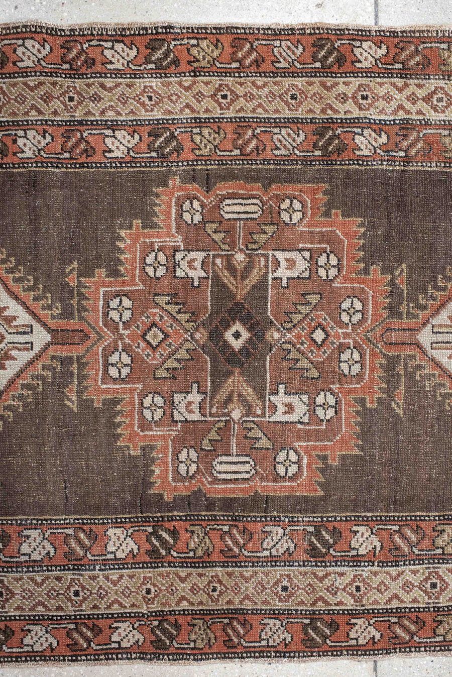 3' x 14' one-of-a-kind handmade vintage Sarab runner rug. Color palette: taupe, brown, rust, ivory, charcoal, camel, beige