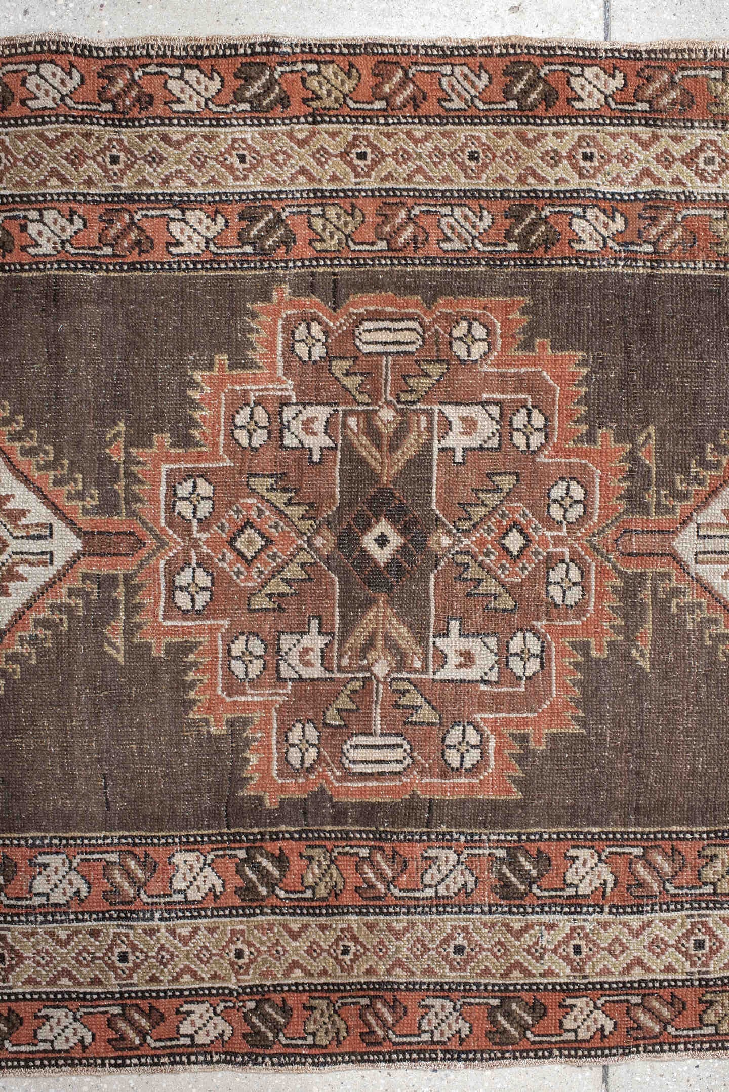 3' x 14' one-of-a-kind handmade vintage Sarab runner rug. Color palette: taupe, brown, rust, ivory, charcoal, camel, beige