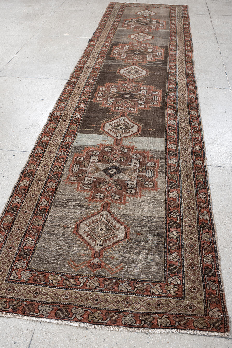 3' x 14' one-of-a-kind handmade vintage Sarab runner rug. Color palette: taupe, brown, rust, ivory, charcoal, camel, beige