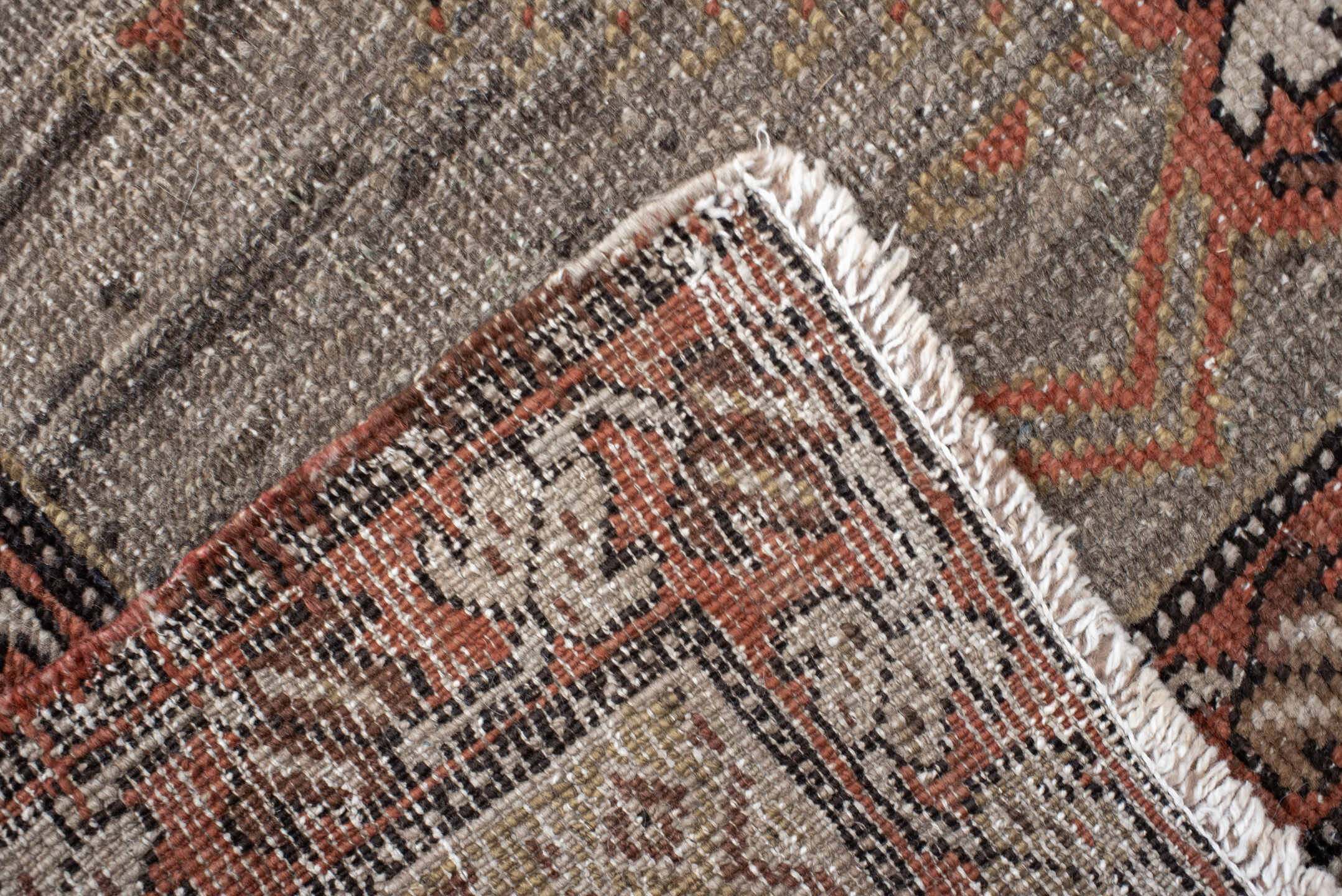 3' x 14' one-of-a-kind handmade vintage Sarab runner rug. Color palette: taupe, brown, rust, ivory, charcoal, camel, beige