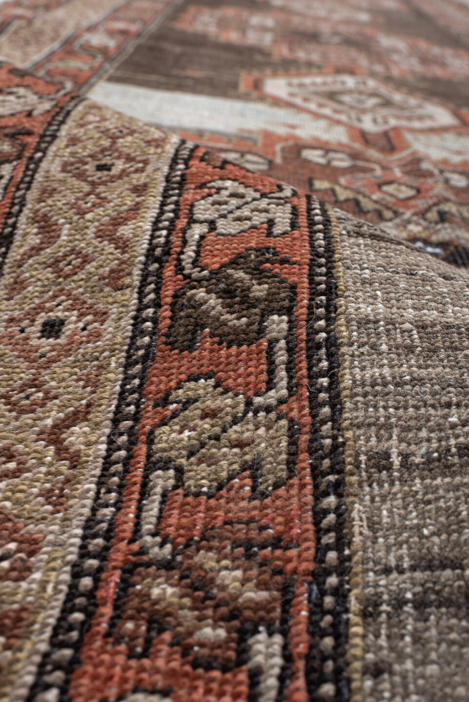 3' x 14' one-of-a-kind handmade vintage Sarab runner rug. Color palette: taupe, brown, rust, ivory, charcoal, camel, beige