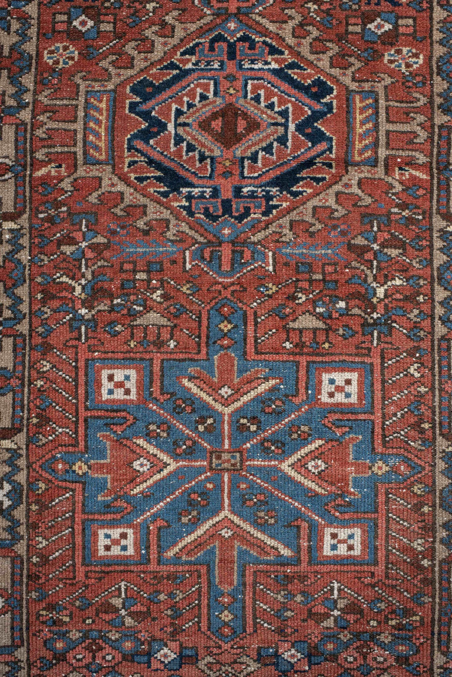 2' x 10' one-of-a-kind handmade vintage Karaje runner rug. Color palette: rust, blue, ivory, navy, taupe, camel, charcoal