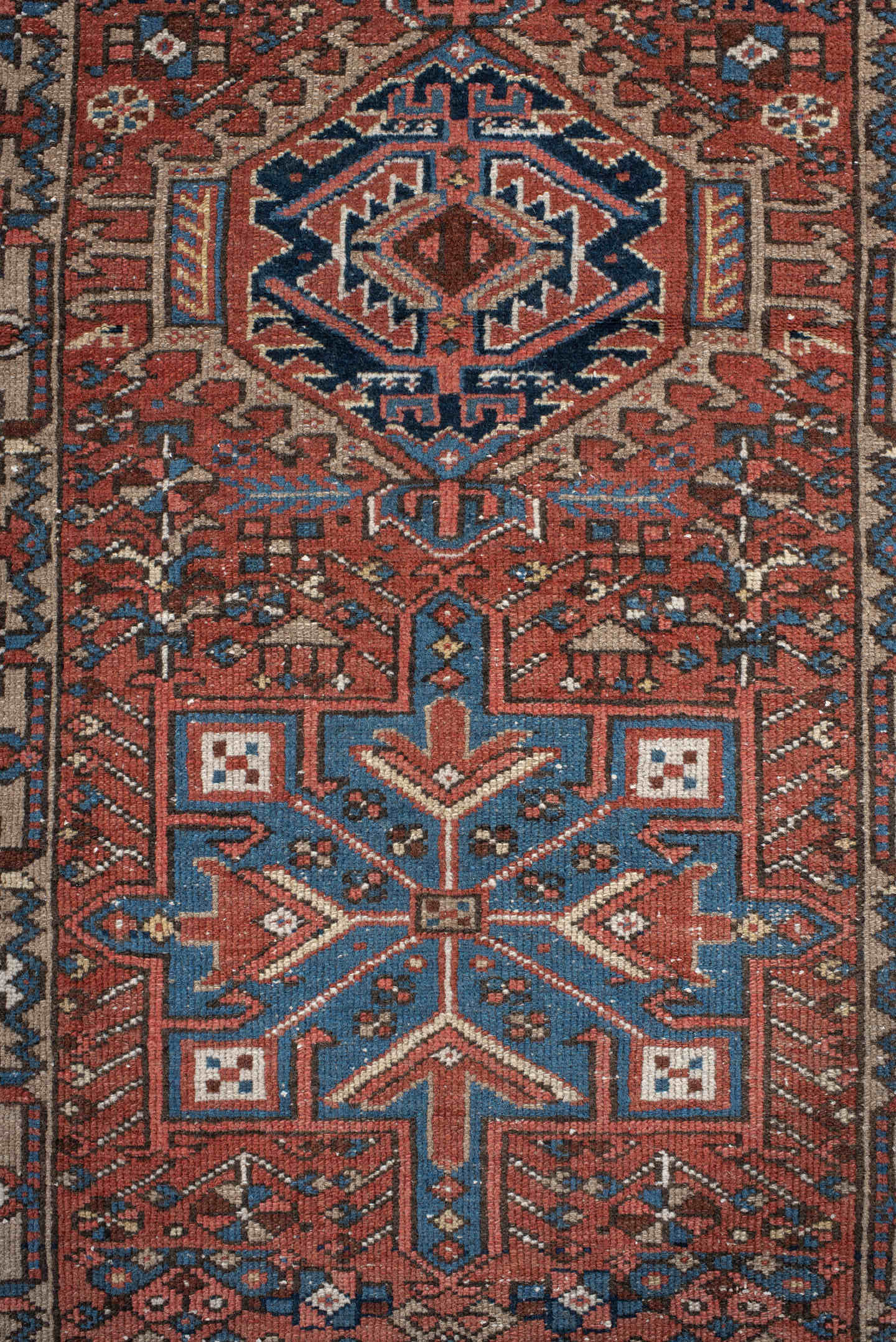 2' x 10' one-of-a-kind handmade vintage Karaje runner rug. Color palette: rust, blue, ivory, navy, taupe, camel, charcoal