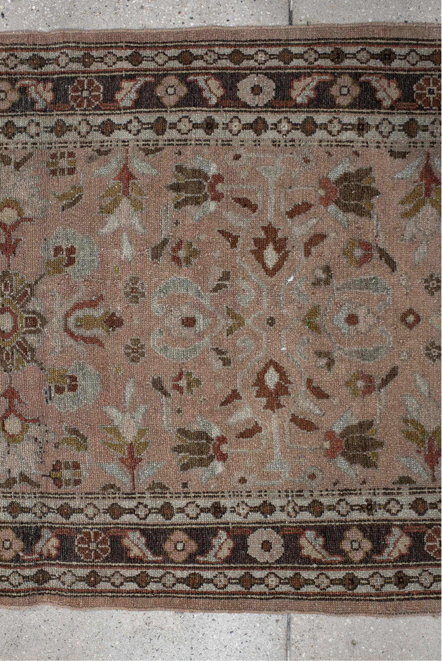 3' x 12' one-of-a-kind handmade vintage Lilian runner rug. Color palette: black, brown, gray, pink, red
