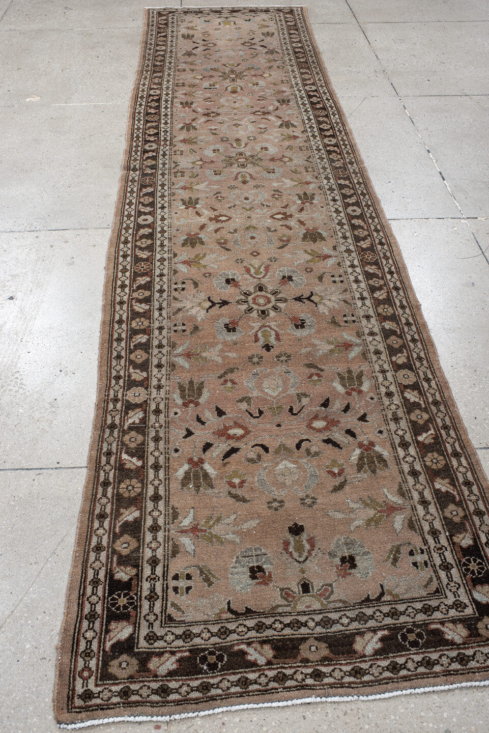 3' x 12' one-of-a-kind handmade vintage Lilian runner rug. Color palette: taupe, brown, ivory, rose, sage, charcoal, camel