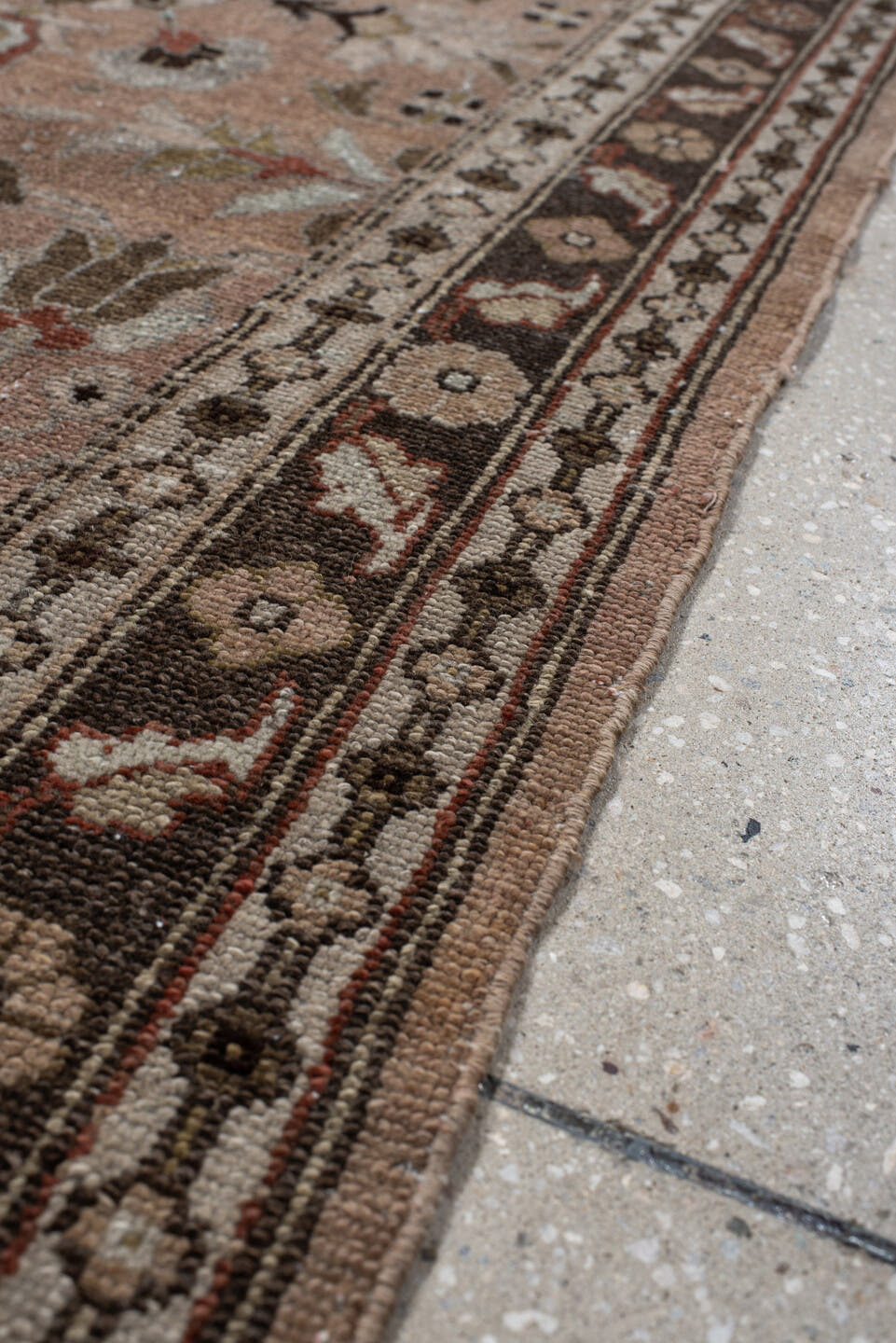 3' x 12' one-of-a-kind handmade vintage Lilian runner rug. Color palette: taupe, brown, ivory, rose, sage, charcoal, camel