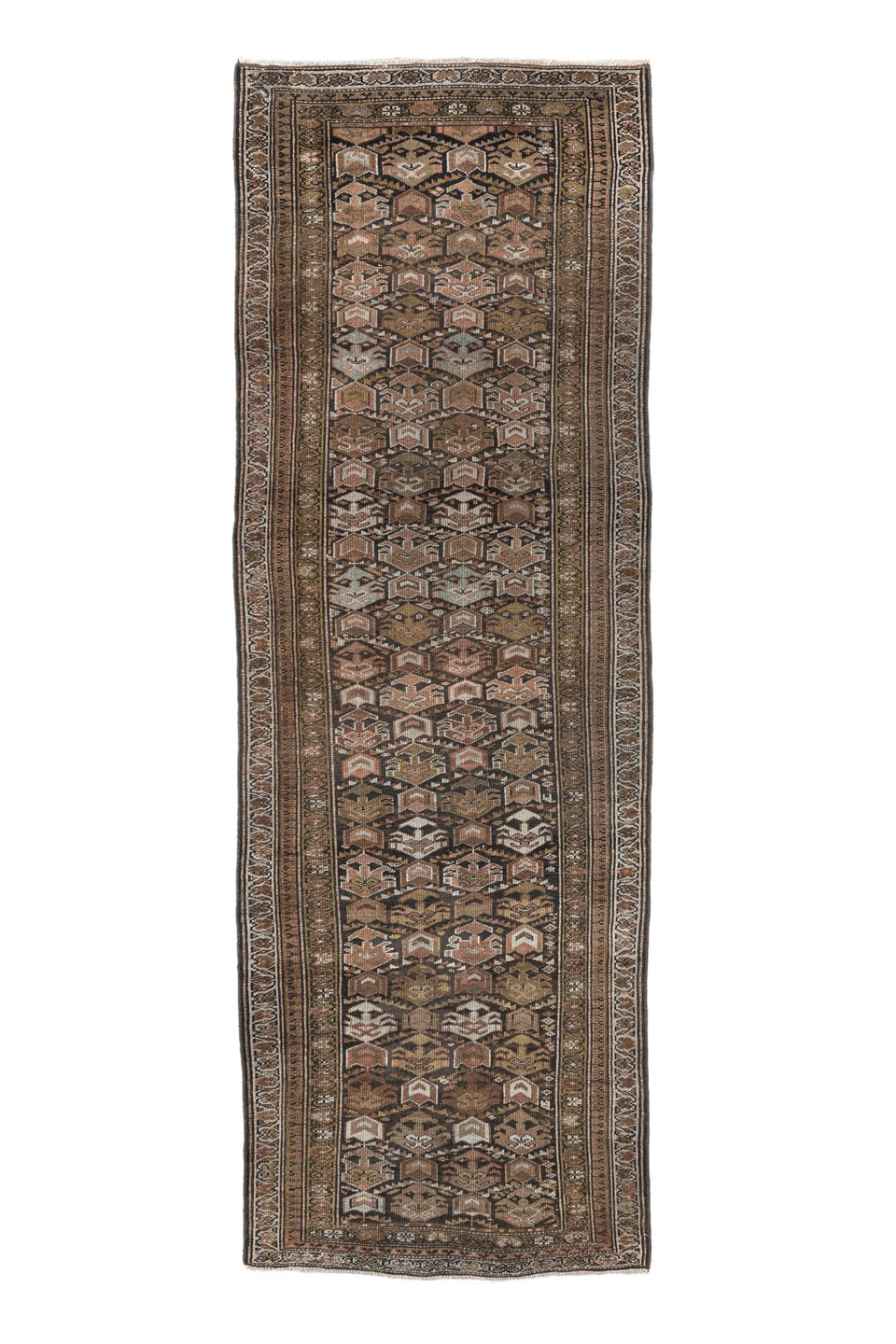 3' x 10' one-of-a-kind handmade vintage NW Persian runner rug. Color palette: brown, taupe, camel, ivory, rose, olive
