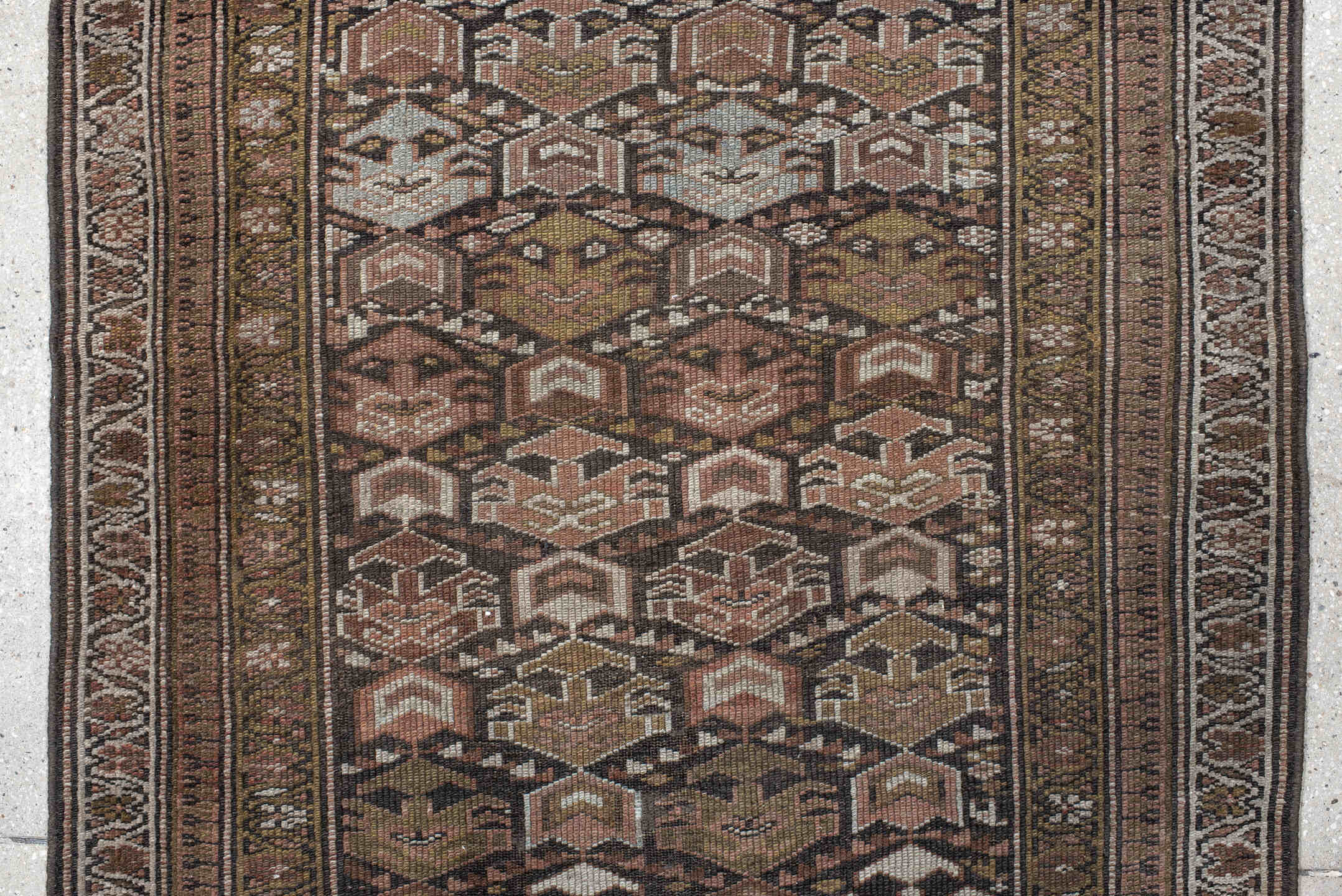 3' x 10' one-of-a-kind handmade vintage NW Persian runner rug. Color palette: brown, taupe, camel, ivory, rose, olive
