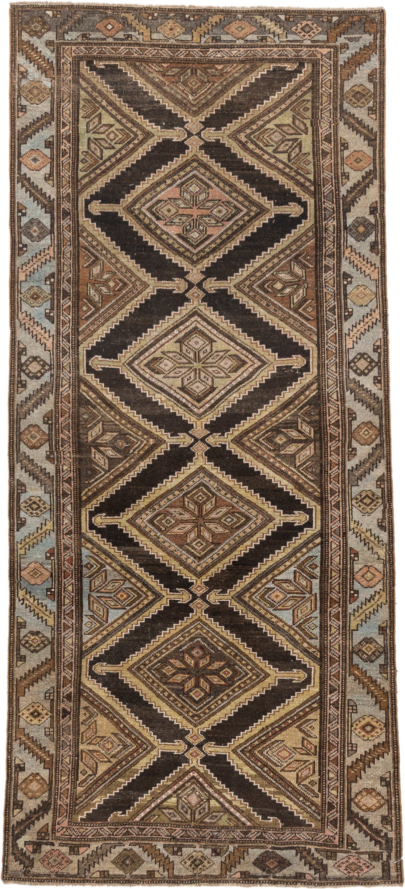 3' x 7' one-of-a-kind handmade vintage Cam Hamadan runner rug. Color palette: brown, ivory, camel, taupe, rose, charcoal