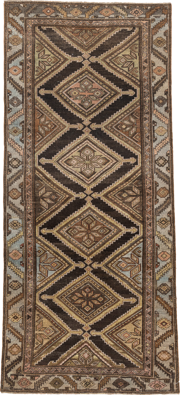 3' x 7' one-of-a-kind handmade vintage Cam Hamadan runner rug. Color palette: black, brown, charcoal, gray, light gray