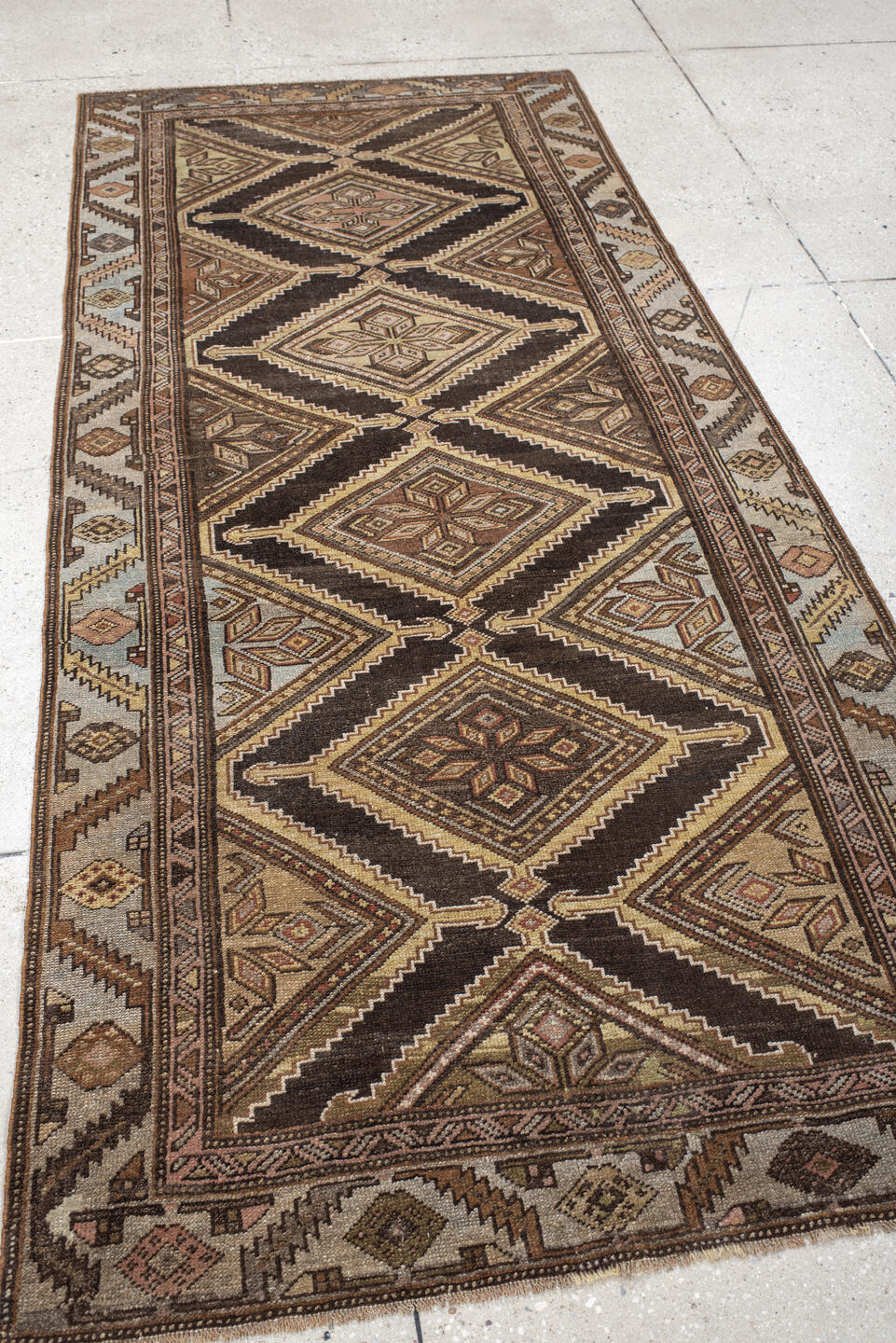3' x 7' one-of-a-kind handmade vintage Cam Hamadan runner rug. Color palette: black, brown, charcoal, gray, light gray
