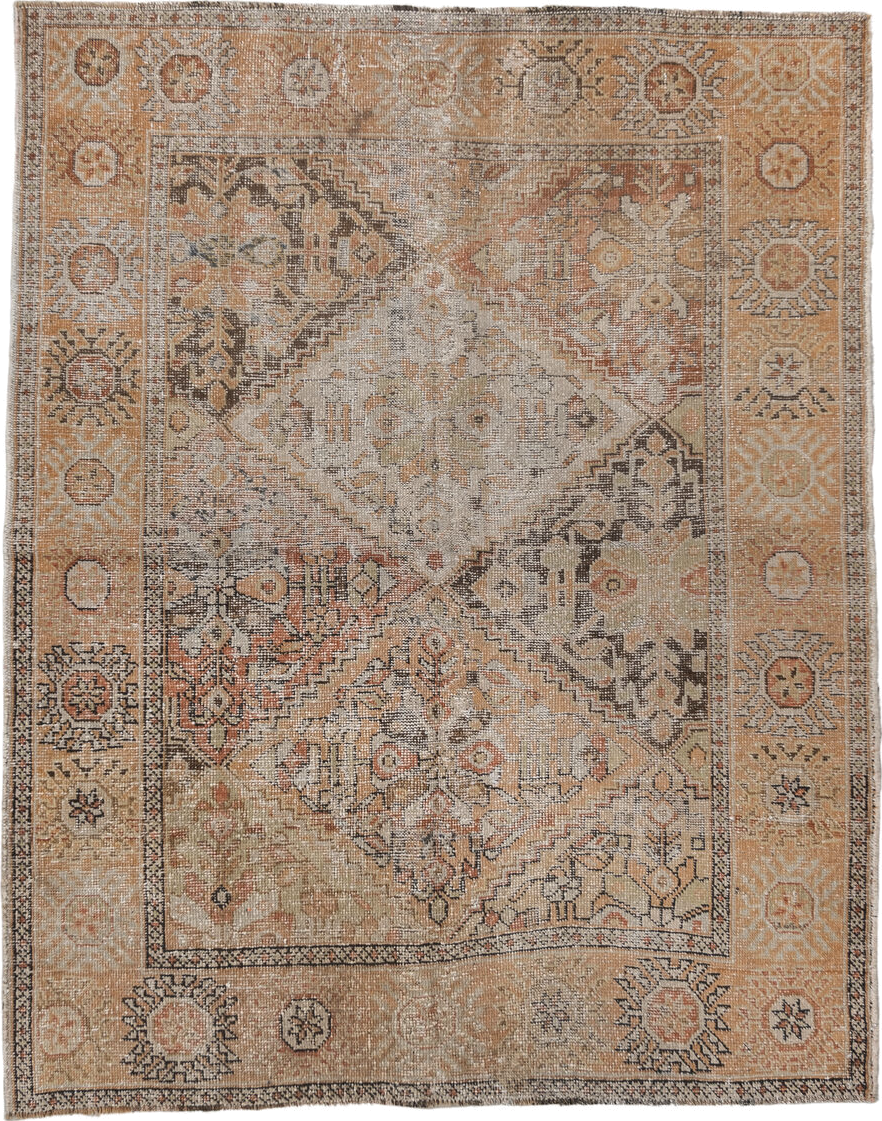 4' x 5' one-of-a-kind handmade vintage Afshar small size rug. Color palette: antiquewhite, brown, gray, light gray