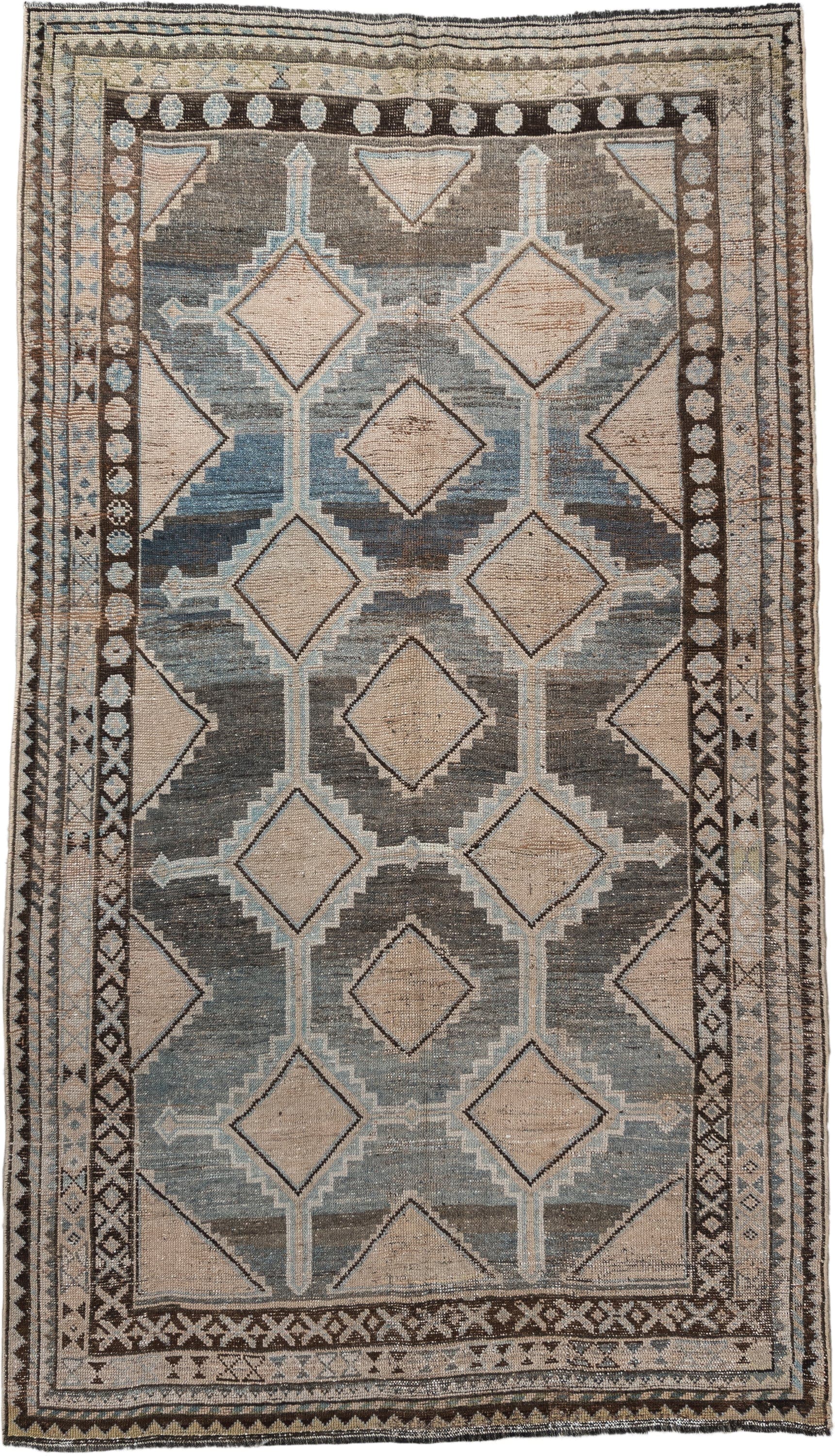 4' x 8' one-of-a-kind handmade vintage Gabbe rug. Color palette: ivory, blue, charcoal, taupe, brown, camel, gray, black
