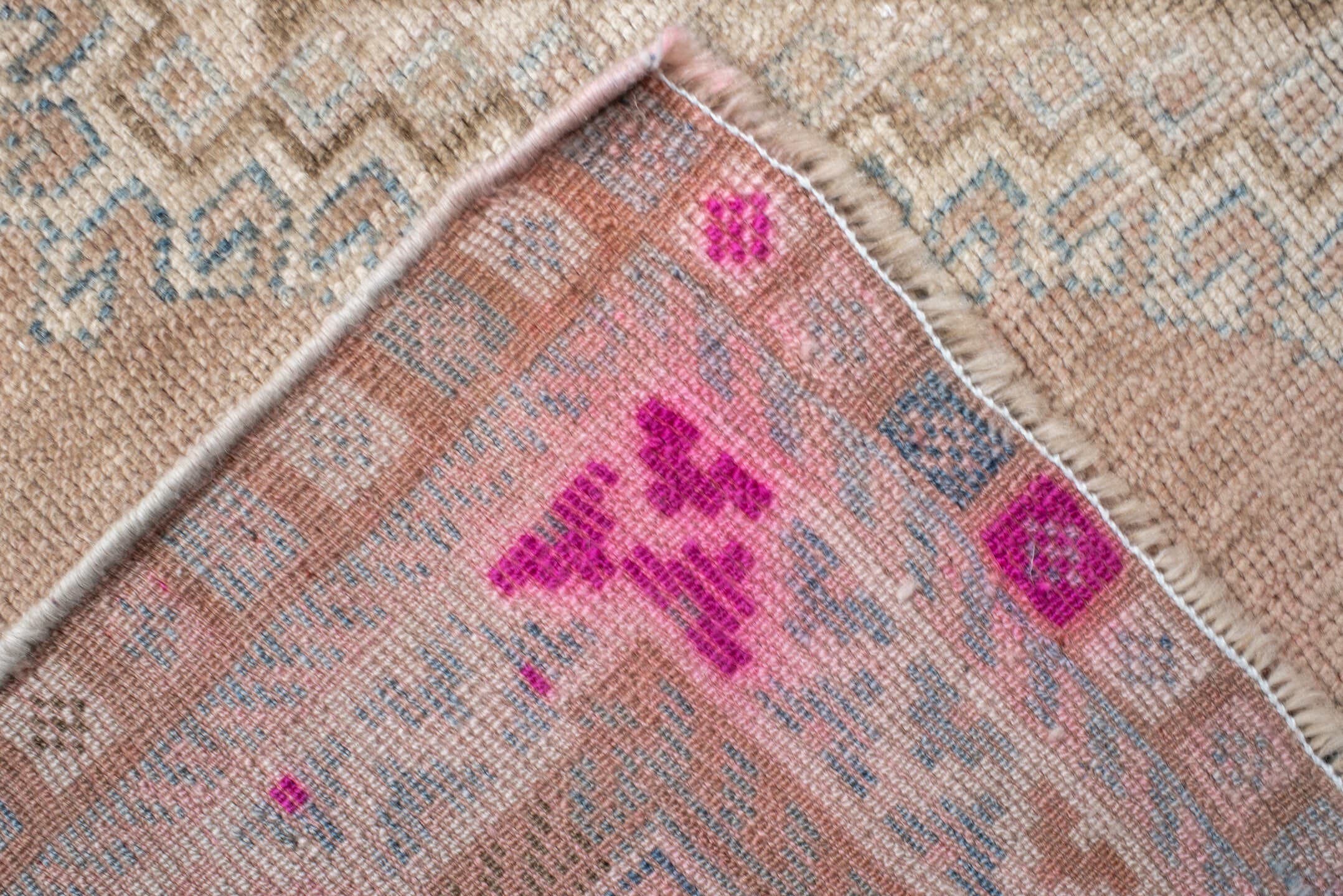 3' x 7' one-of-a-kind handmade vintage runner rug. Color palette: blush, ivory, pale blue, rose, taupe, brown, pink