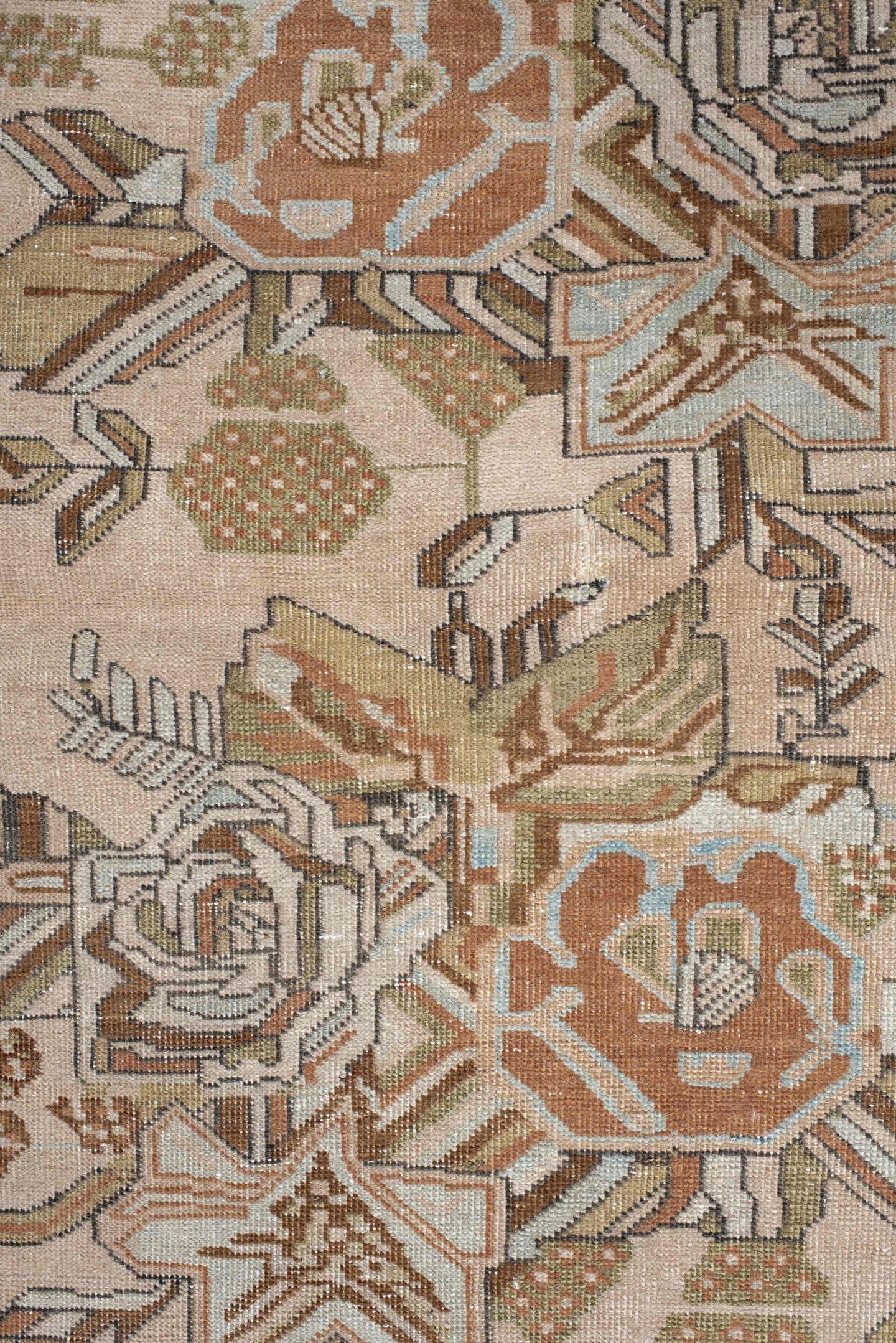 3' x 4' one-of-a-kind handmade antique Afshar small size rug. Color palette: ivory, camel, taupe, sage, peach, sky blue