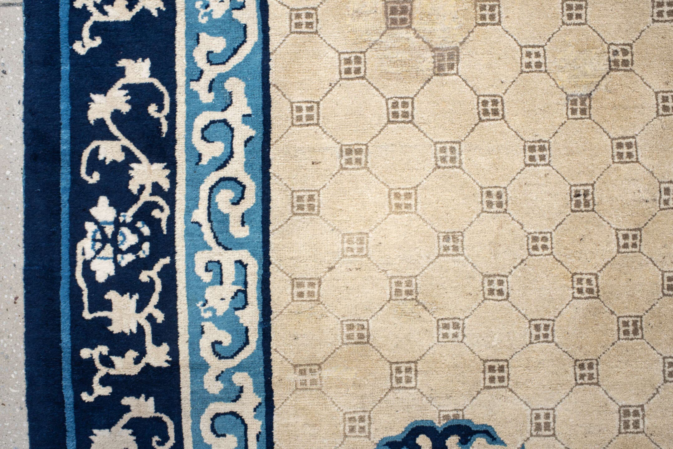 6' x 9' one-of-a-kind handmade antique Chinese medium size rug. Color palette: ivory, navy, sky_blue, slate, cream, blue