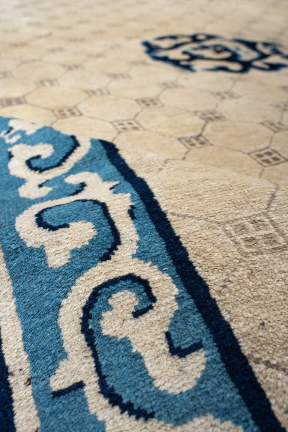 6' x 9' one-of-a-kind handmade antique Chinese medium size rug. Color palette: ivory, navy, sky_blue, slate, cream, blue