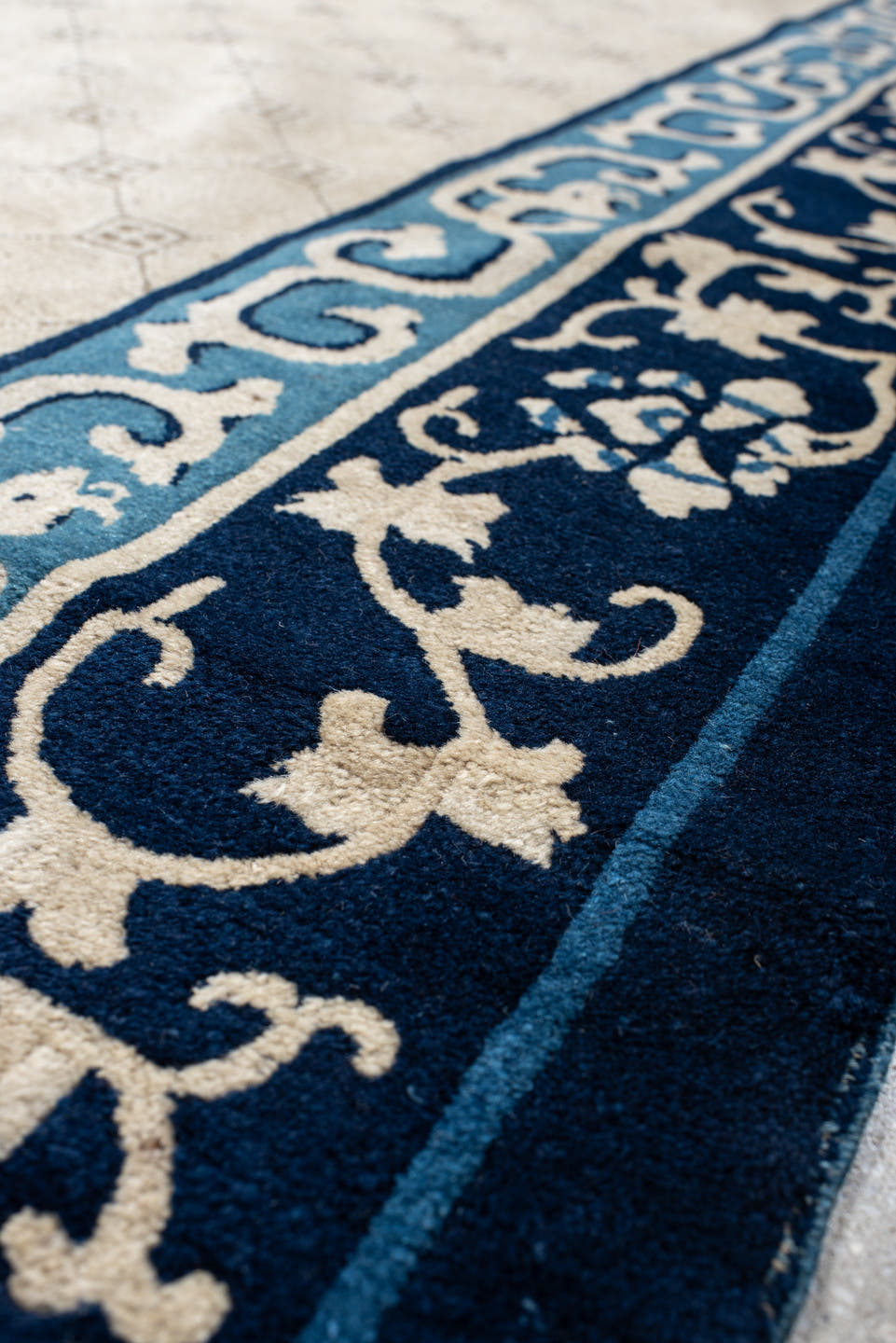 6' x 9' one-of-a-kind handmade antique Chinese medium size rug. Color palette: ivory, navy, sky_blue, slate, cream, blue