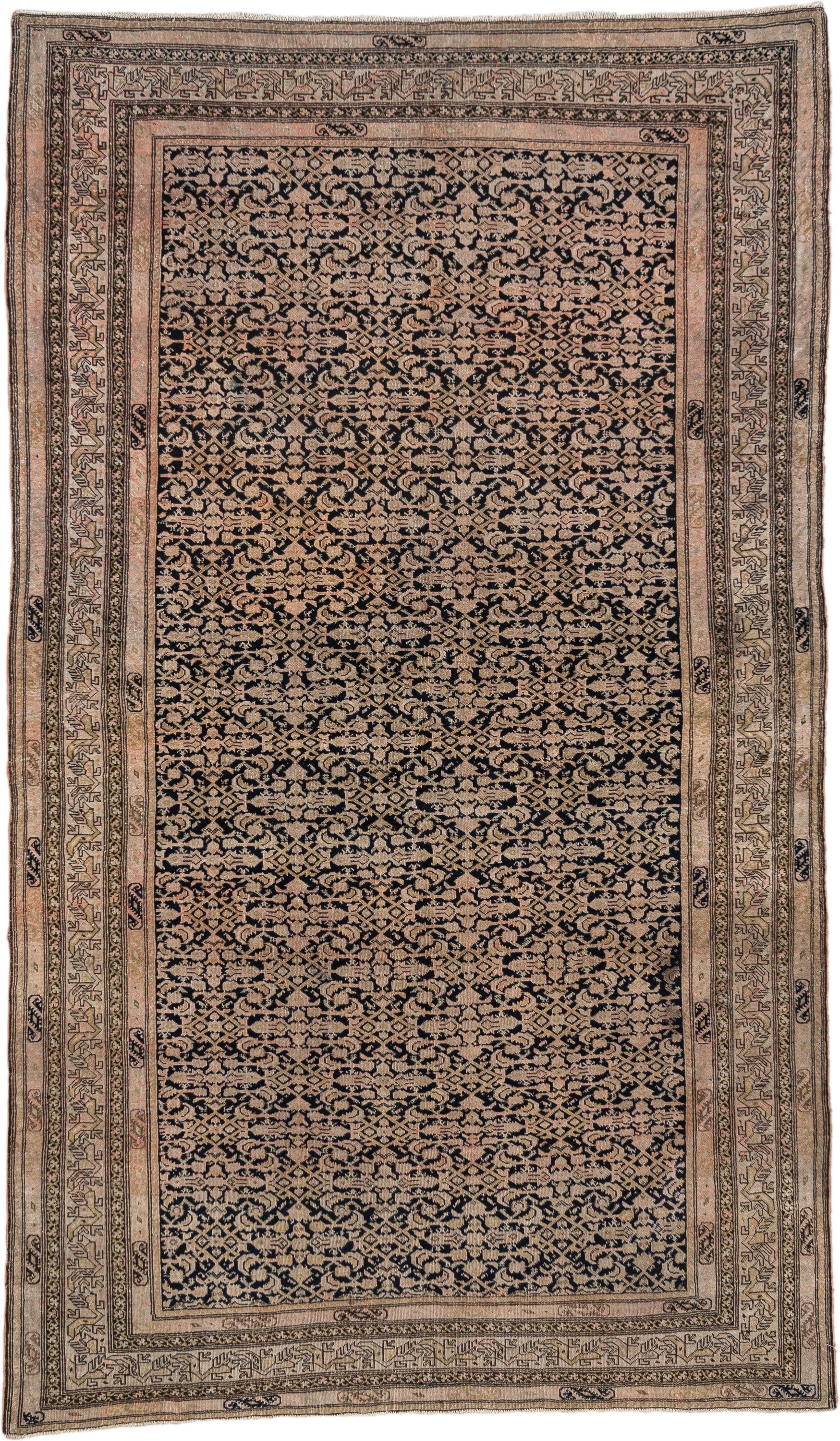 4' x 7' one-of-a-kind handmade antique Far.Sarouk rug. Color palette: navy, beige, ivory, taupe, blush, charcoal, blue, gray