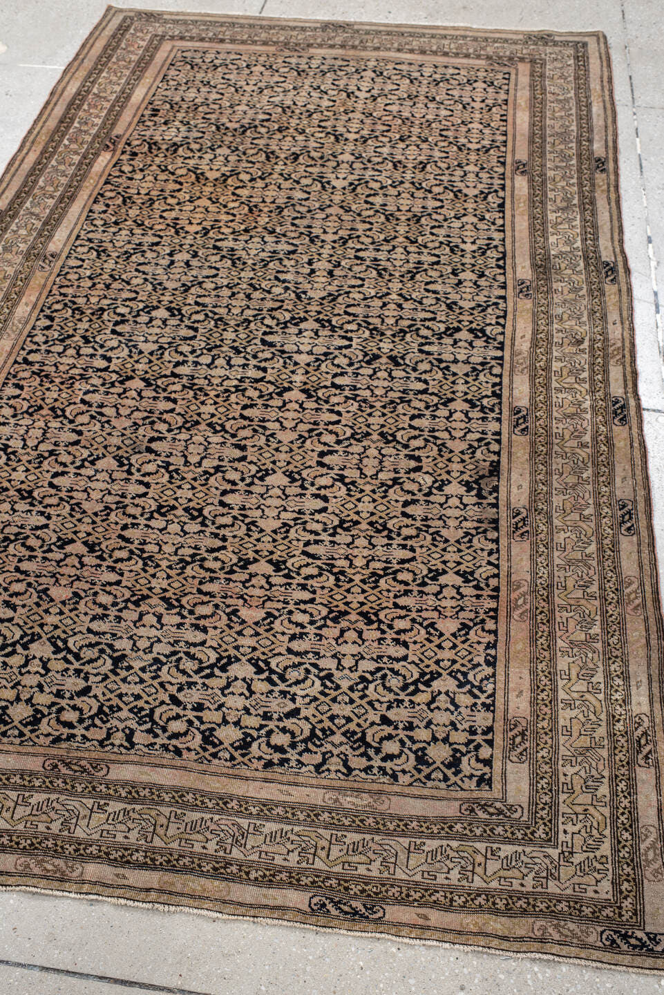 4' x 7' one-of-a-kind handmade antique Far.Sarouk rug. Color palette: navy, beige, ivory, taupe, blush, charcoal, blue, gray