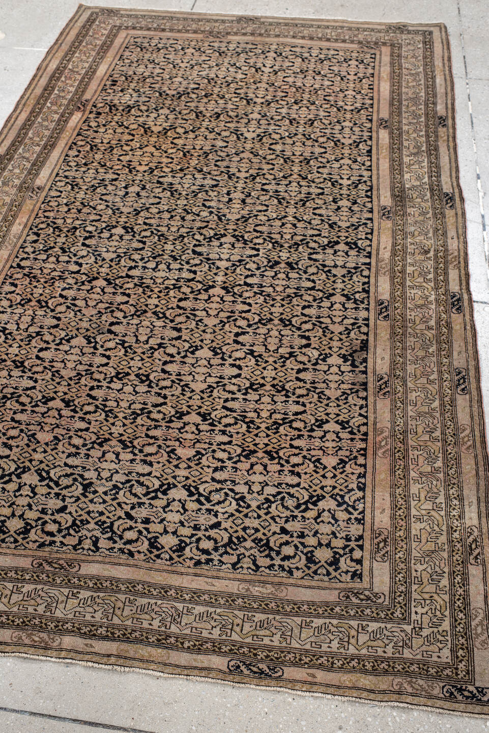 4' x 7' one-of-a-kind handmade antique Far.Sarouk rug. Color palette: navy, beige, ivory, taupe, blush, charcoal, blue, gray