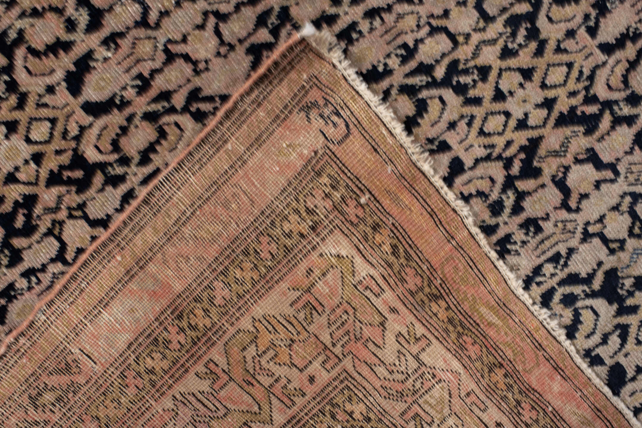 4' x 7' one-of-a-kind handmade antique Far.Sarouk rug. Color palette: navy, beige, ivory, taupe, blush, charcoal, blue, gray