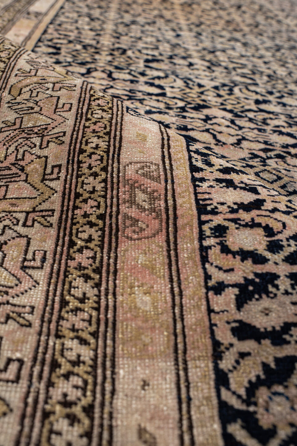 4' x 7' one-of-a-kind handmade antique Far.Sarouk rug. Color palette: navy, beige, ivory, taupe, blush, charcoal, blue, gray