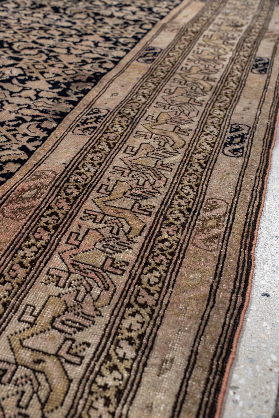 4' x 7' one-of-a-kind handmade antique Far.Sarouk rug. Color palette: navy, beige, ivory, taupe, blush, charcoal, blue, gray