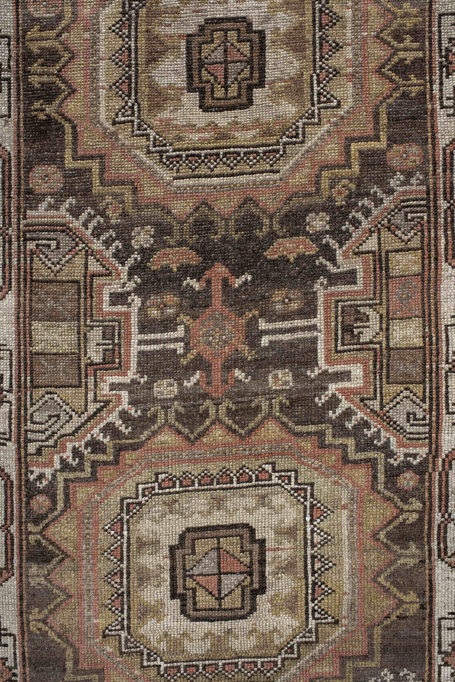2' x 8' one-of-a-kind handmade vintage NW Persian runner rug. Color palette: brown, ivory, taupe, rust, camel, charcoal