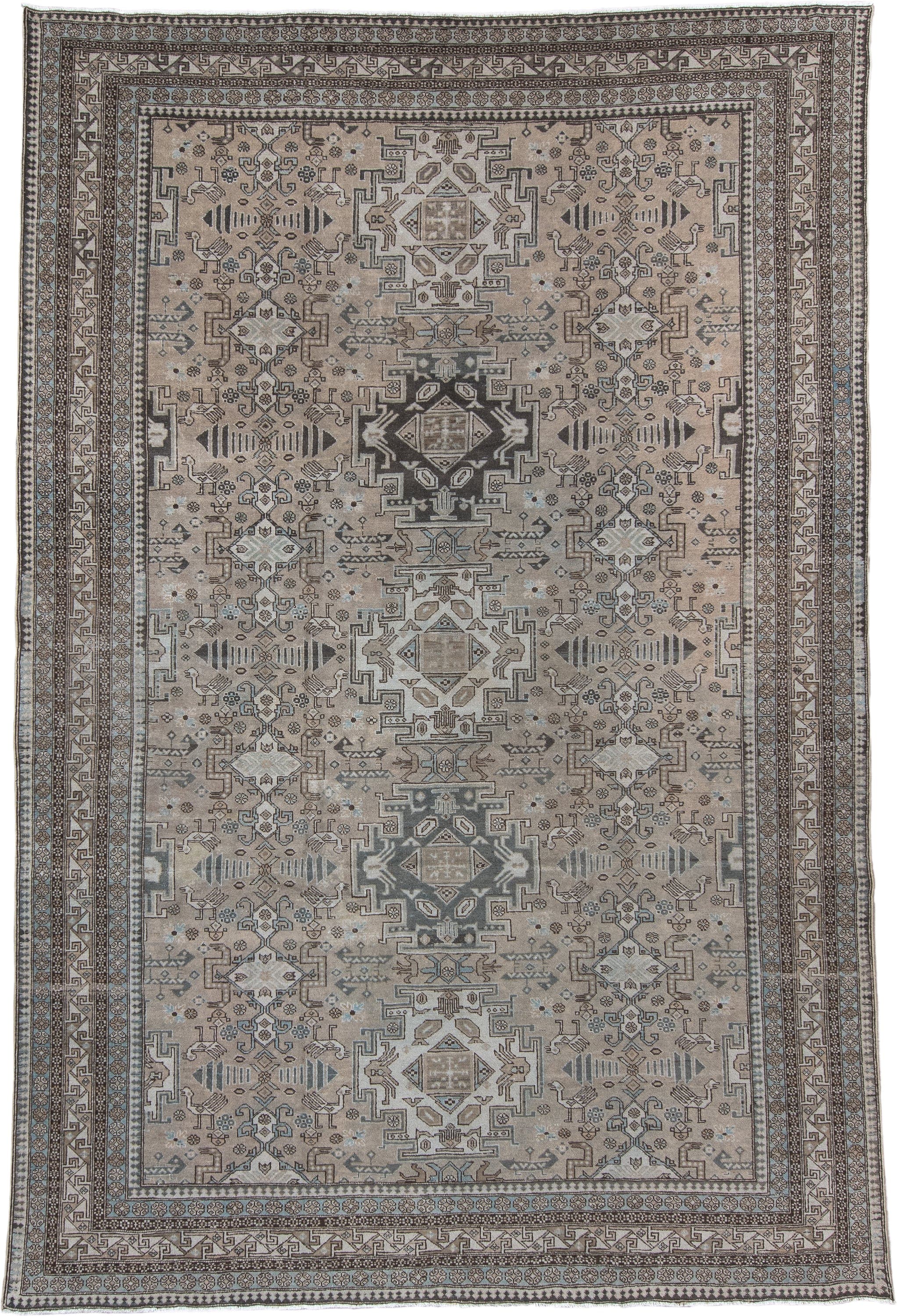 7' x 10' one-of-a-kind handmade vintage Ardebil large size rug. Color palette: taupe, ivory, charcoal, slate, pale blue