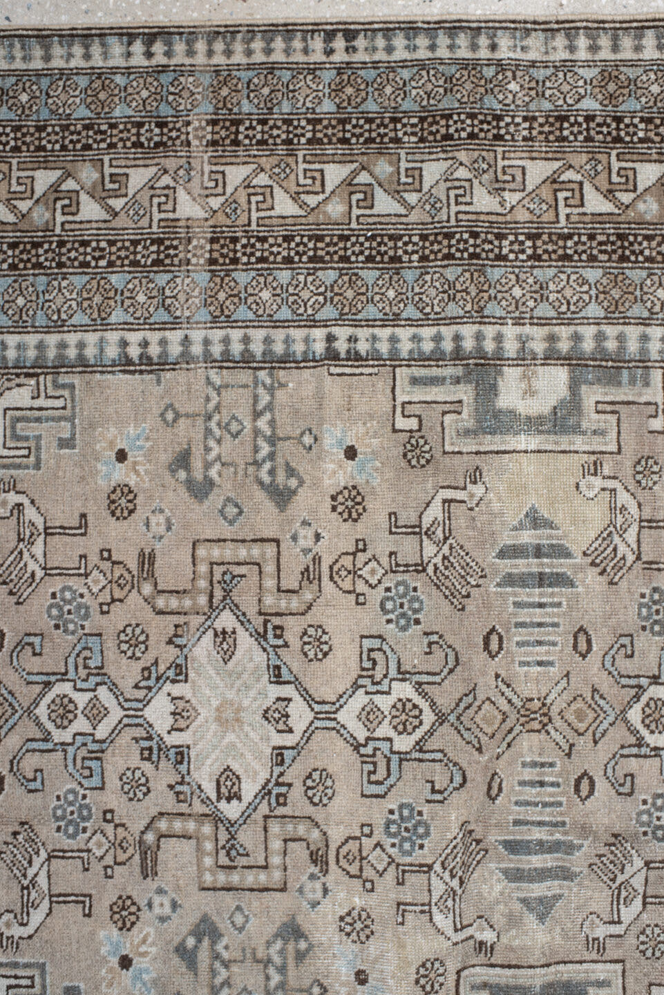 7' x 10' one-of-a-kind handmade vintage Ardebil large size rug. Color palette: taupe, ivory, charcoal, slate, pale blue