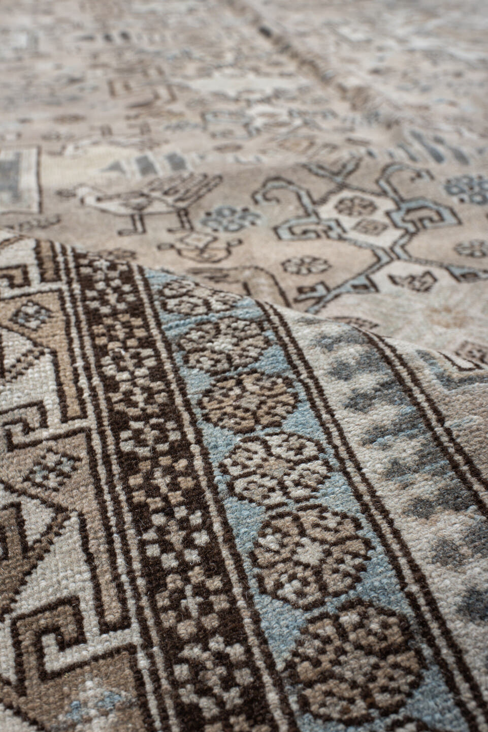 7' x 10' one-of-a-kind handmade vintage Ardebil large size rug. Color palette: taupe, ivory, charcoal, slate, pale blue