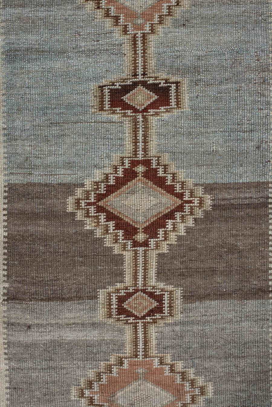 2' x 11' one-of-a-kind handmade vintage Gabbe runner rug. Color palette: taupe, ivory, slate, camel, rose, brown, beige