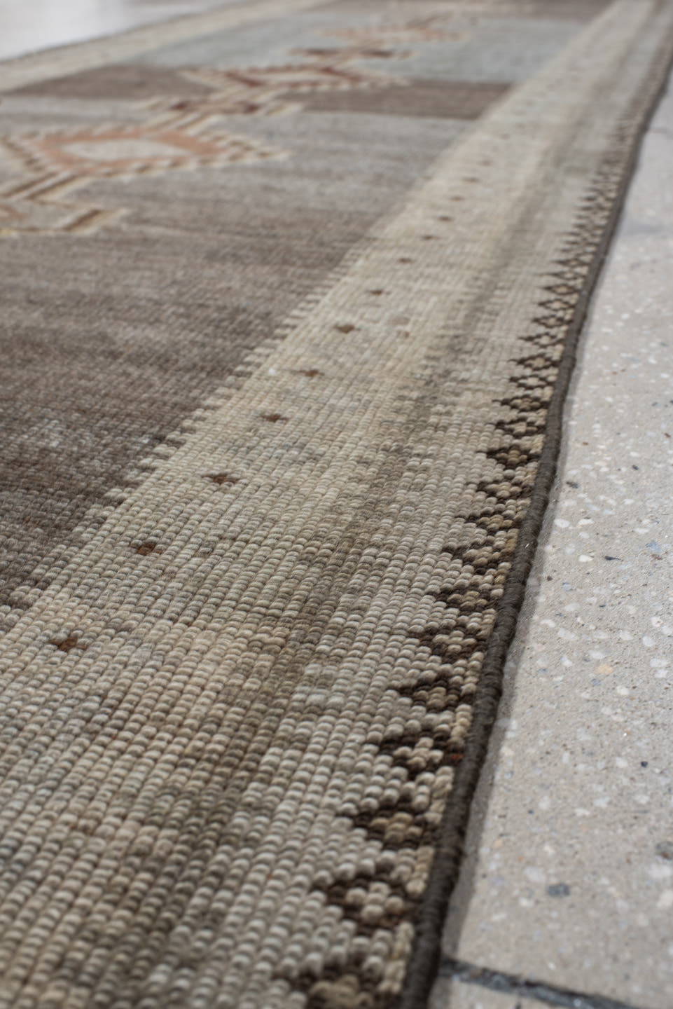 2' x 11' one-of-a-kind handmade vintage Gabbe runner rug. Color palette: taupe, ivory, slate, camel, rose, brown, beige