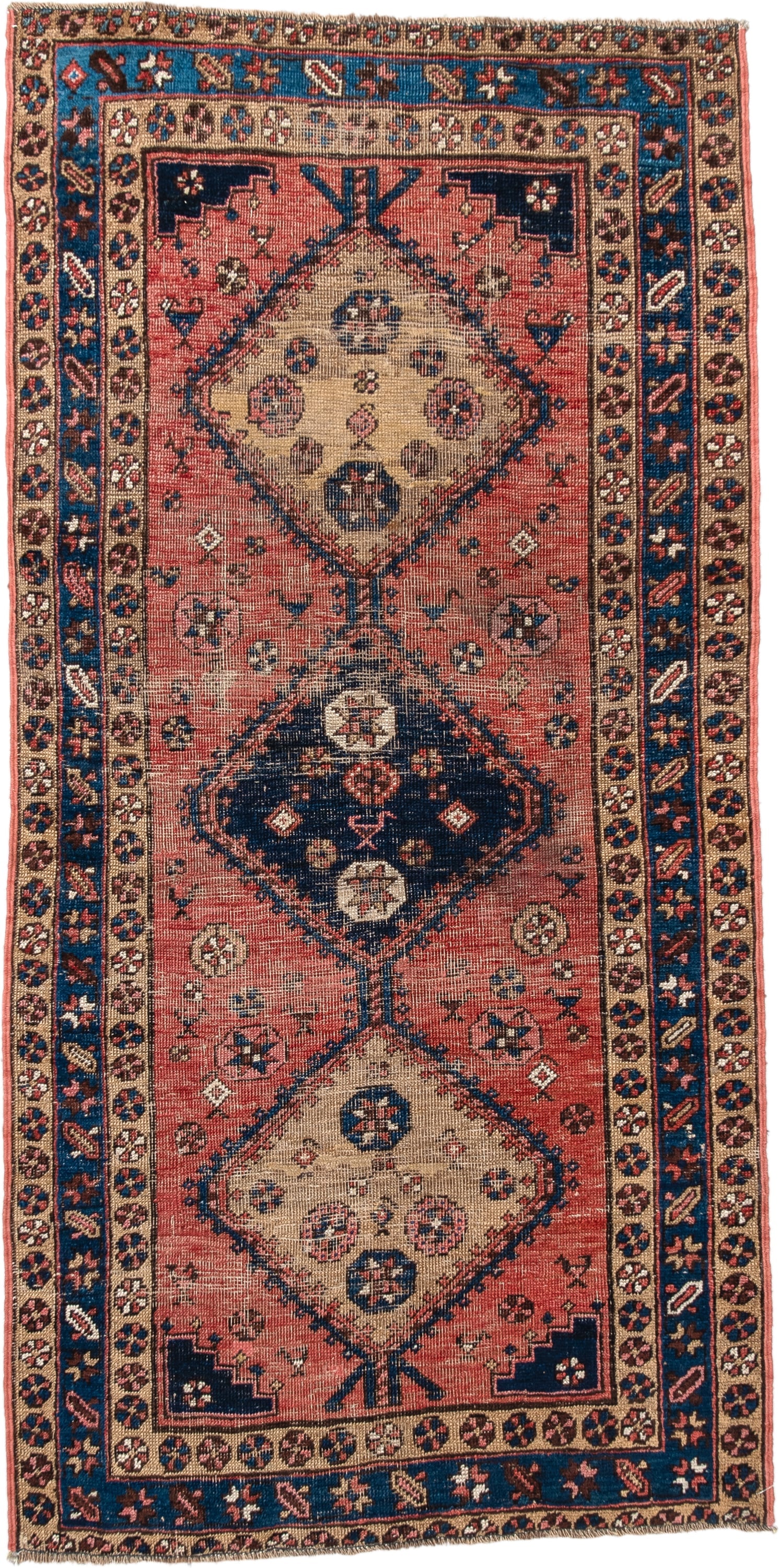 3' x 6' one-of-a-kind handmade antique runner rug. Color palette: rose, indigo, ivory, rust, navy, camel, crimson, pink
