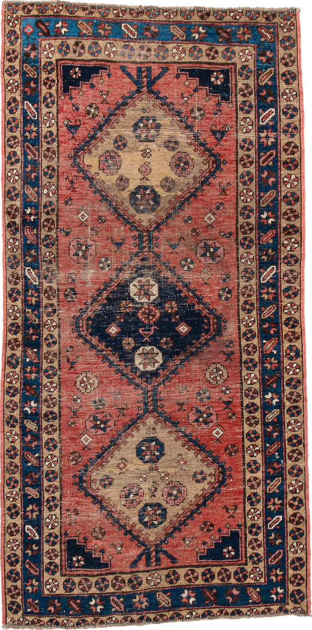 3' x 6' one-of-a-kind handmade vintage runner rug. Color palette: antiquewhite, black, blue, brown, charcoal, gray