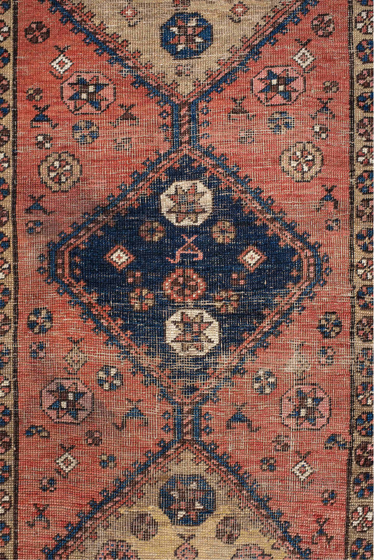 3' x 6' one-of-a-kind handmade vintage runner rug. Color palette: antiquewhite, black, blue, brown, charcoal, gray