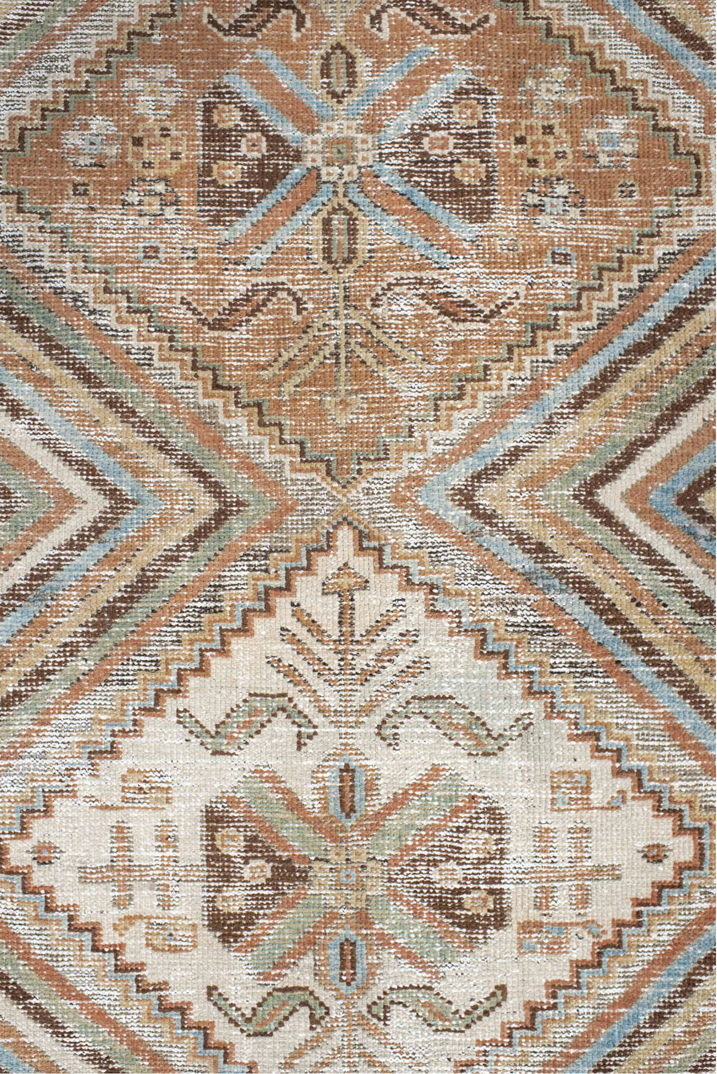 4' x 6' one-of-a-kind handmade vintage Afshar small size rug. Color palette: ivory, rust, camel, brown, pale_aqua, sage