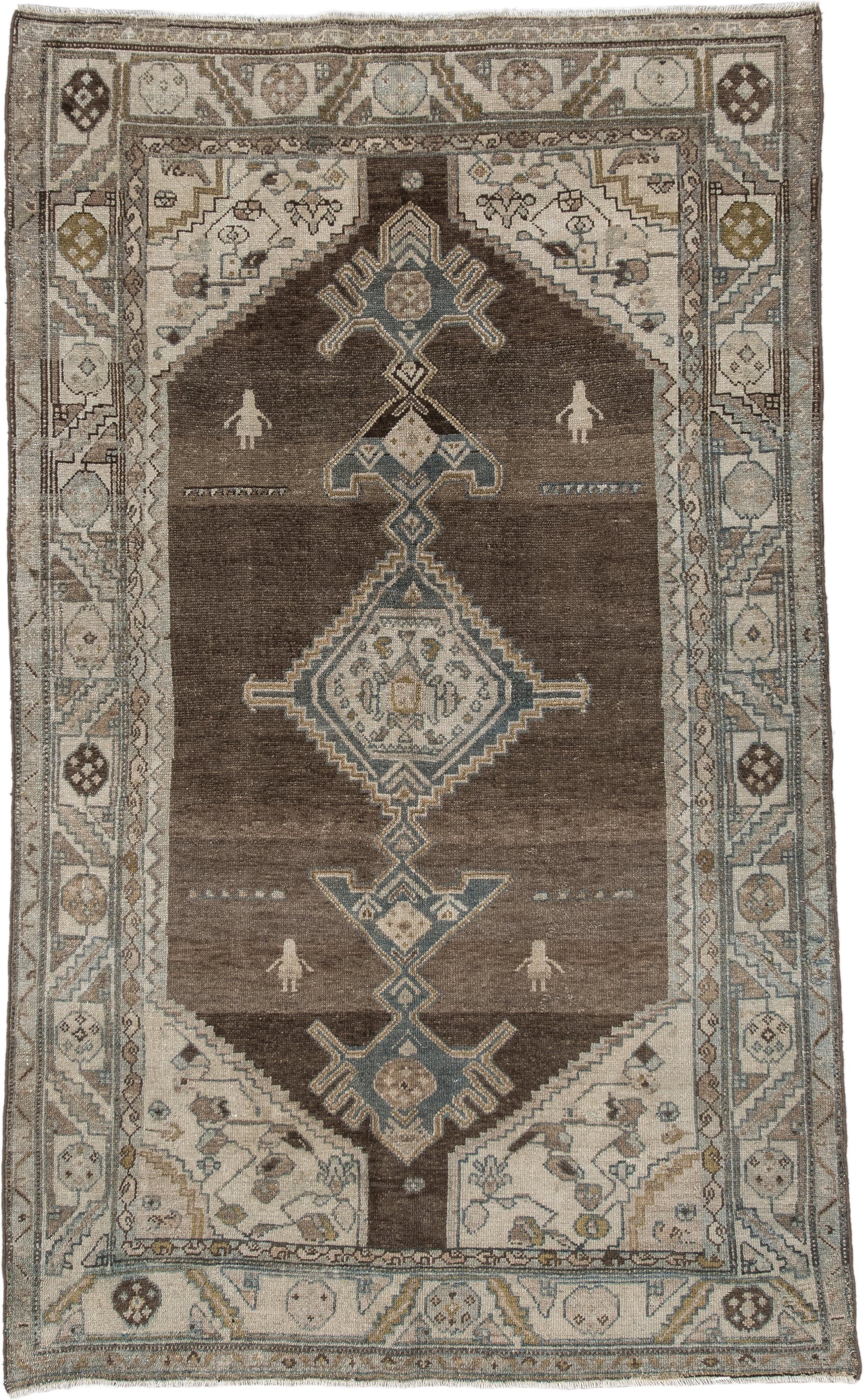 4' x 7' one-of-a-kind handmade vintage Hamadan rug. Color palette: brown, ivory, blue, taupe, camel, charcoal, sage, beige