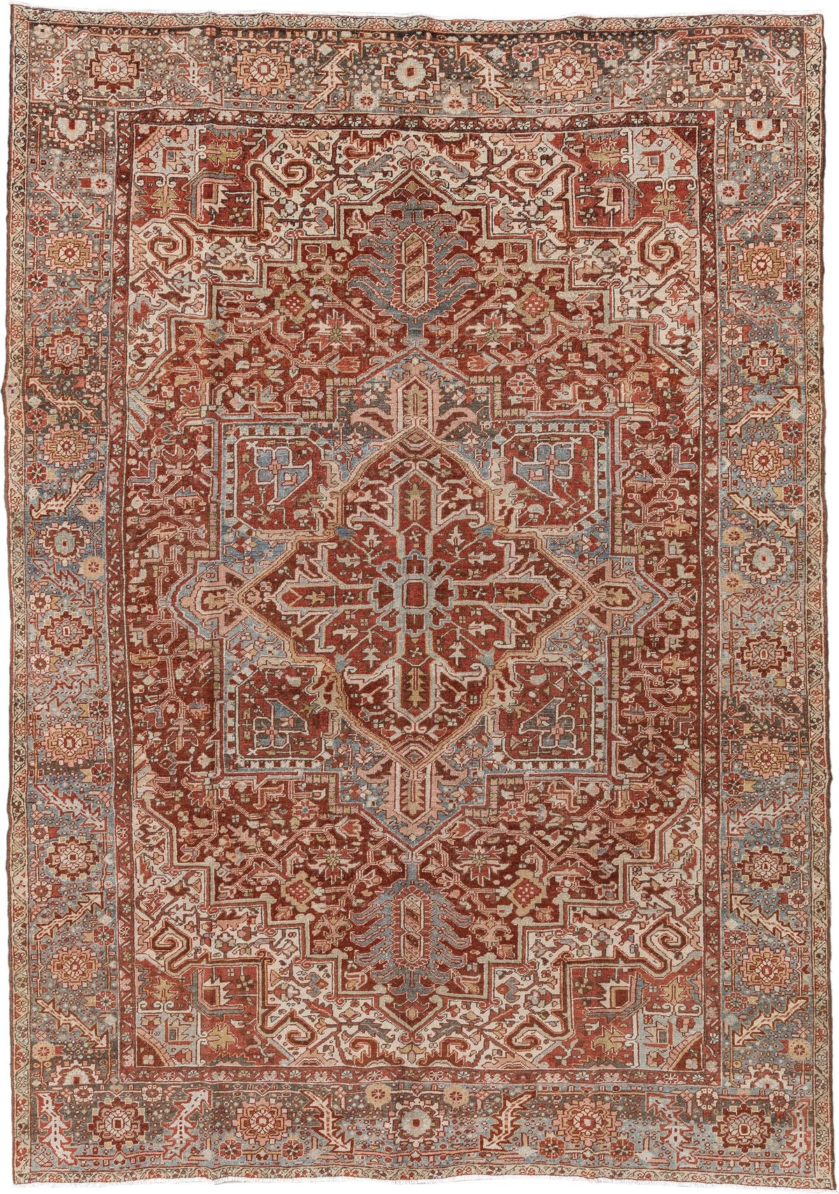 8' x 11' one-of-a-kind handmade vintage Heriz large size rug. Color palette: terracotta, sky blue, ivory, rust, taupe, camel