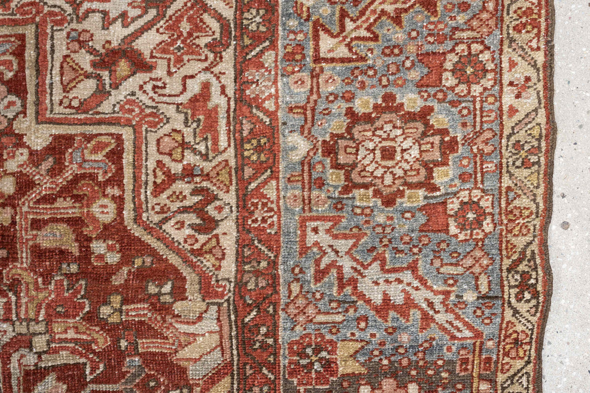 8' x 11' one-of-a-kind handmade vintage Heriz large size rug. Color palette: terracotta, sky blue, ivory, rust, taupe, camel