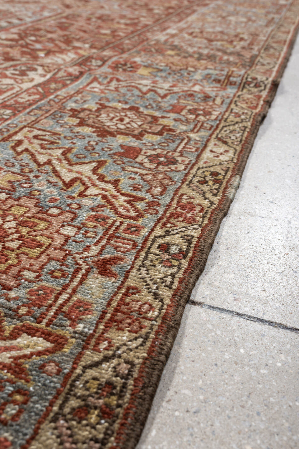 8' x 11' one-of-a-kind handmade vintage Heriz large size rug. Color palette: terracotta, sky blue, ivory, rust, taupe, camel