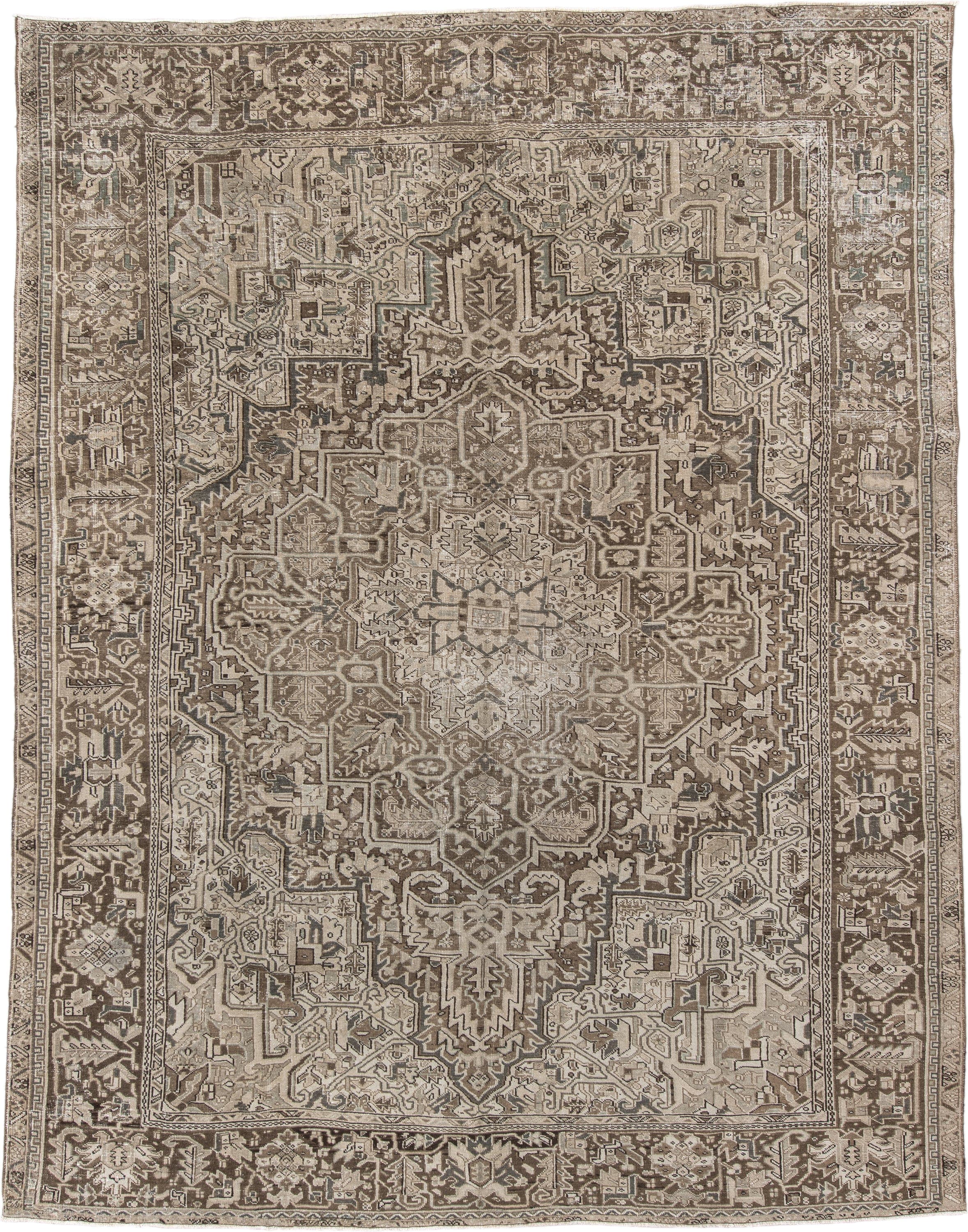 9' x 11' one-of-a-kind handmade vintage Heriz large size rug. Color palette: taupe, ivory, brown, camel, charcoal, sage